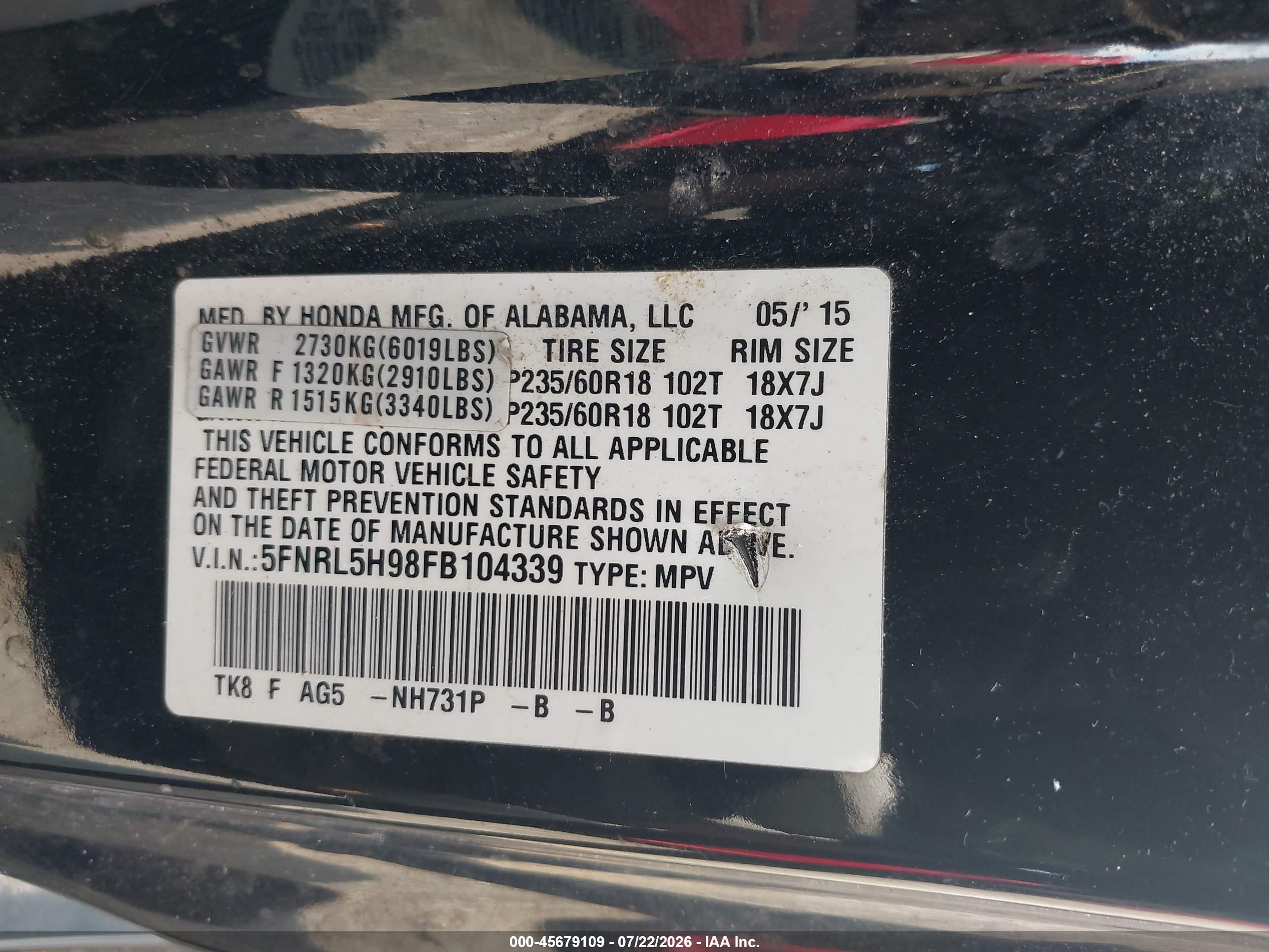 2015 Honda Odyssey Touring/touring Elite Black vin: 5FNRL5H98FB104339