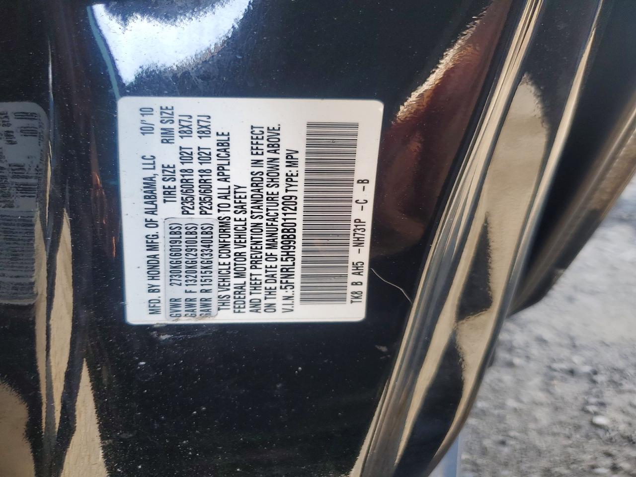 2011 Honda Odyssey Touring Black vin: 5FNRL5H99BB011209