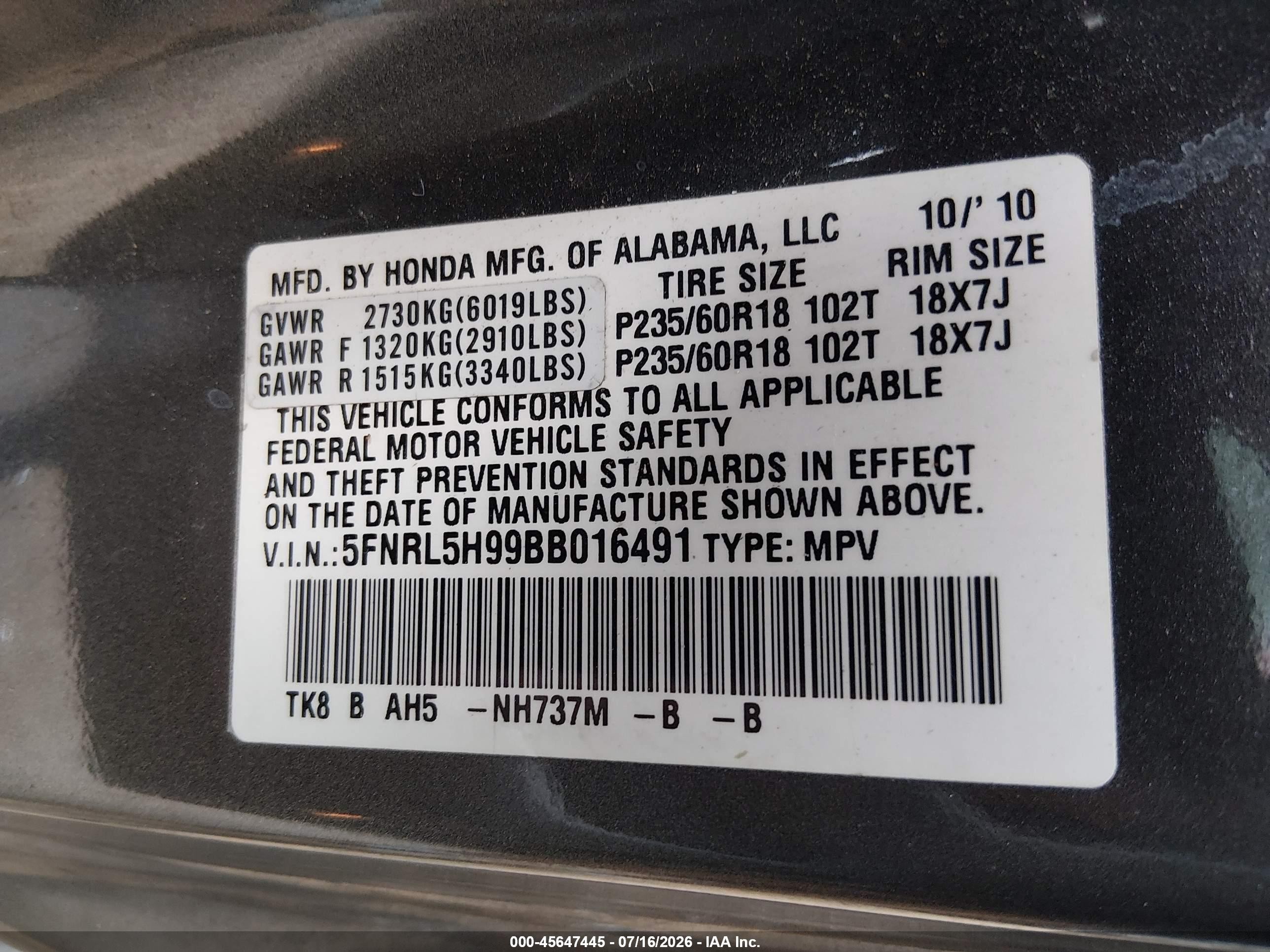 2011 Honda Odyssey Touring/touring Elite Gray vin: 5FNRL5H99BB016491