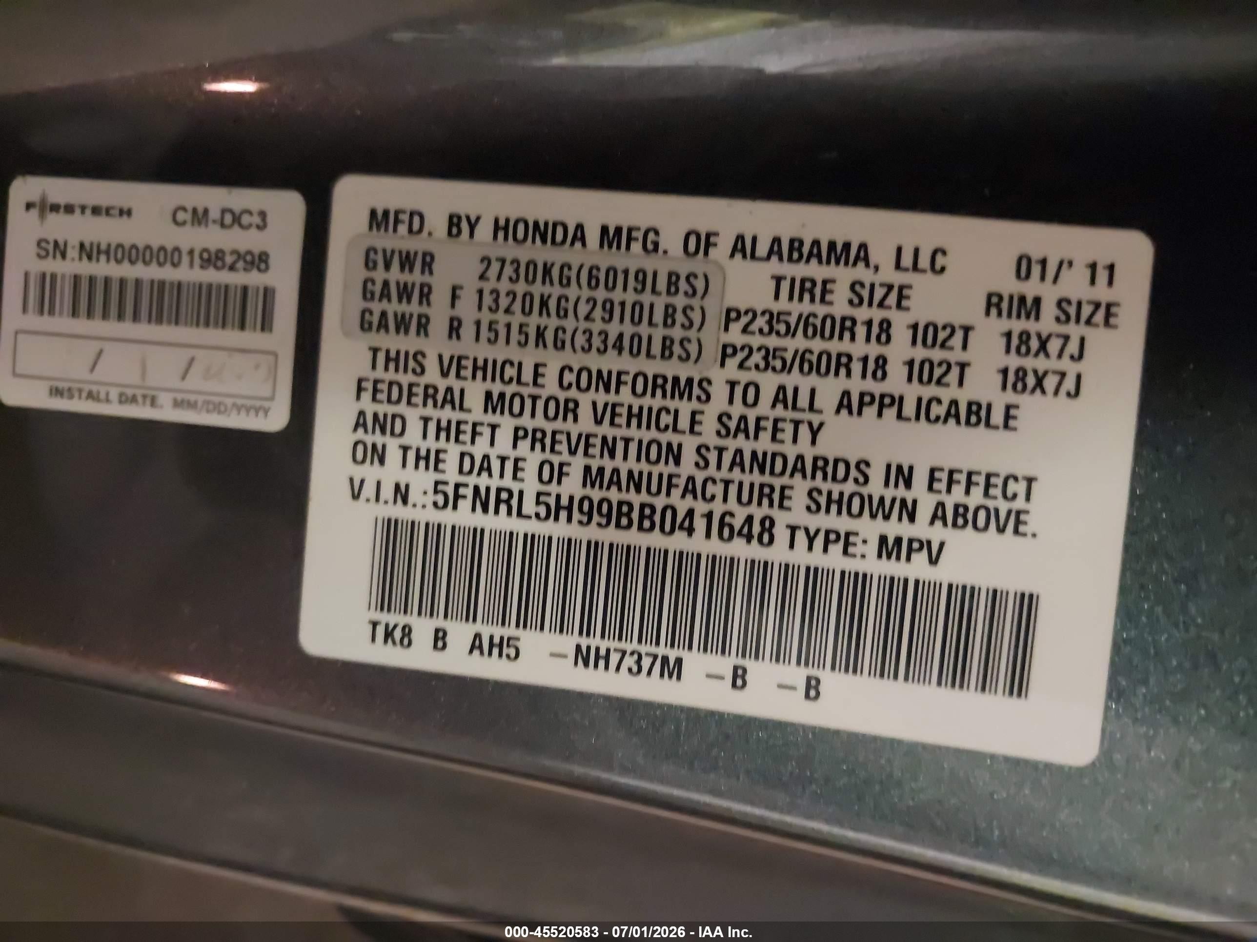 2011 Honda Odyssey Touring/touring Elite Gray vin: 5FNRL5H99BB041648
