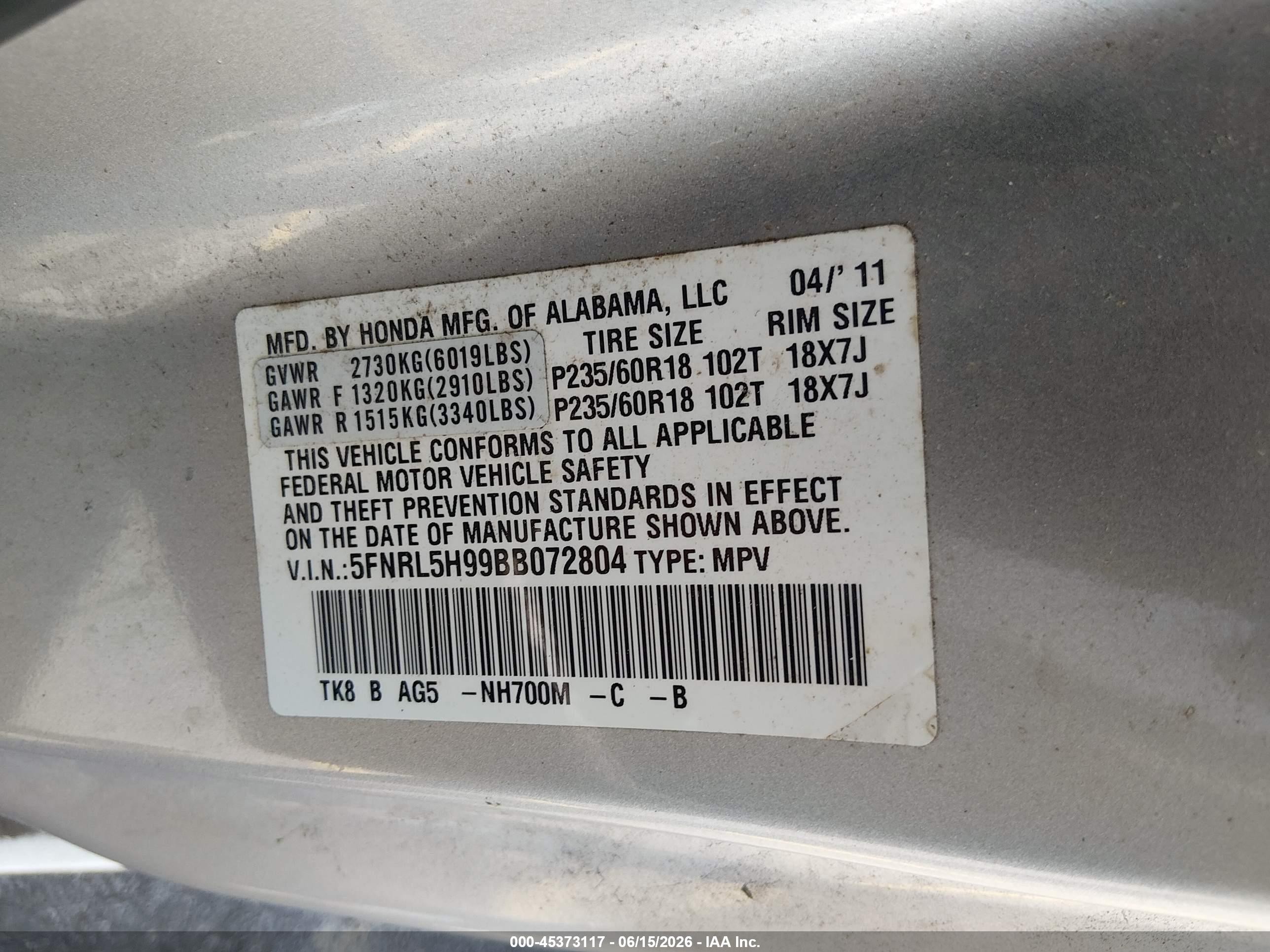 2011 Honda Odyssey Touring/touring Elite Silver vin: 5FNRL5H99BB072804