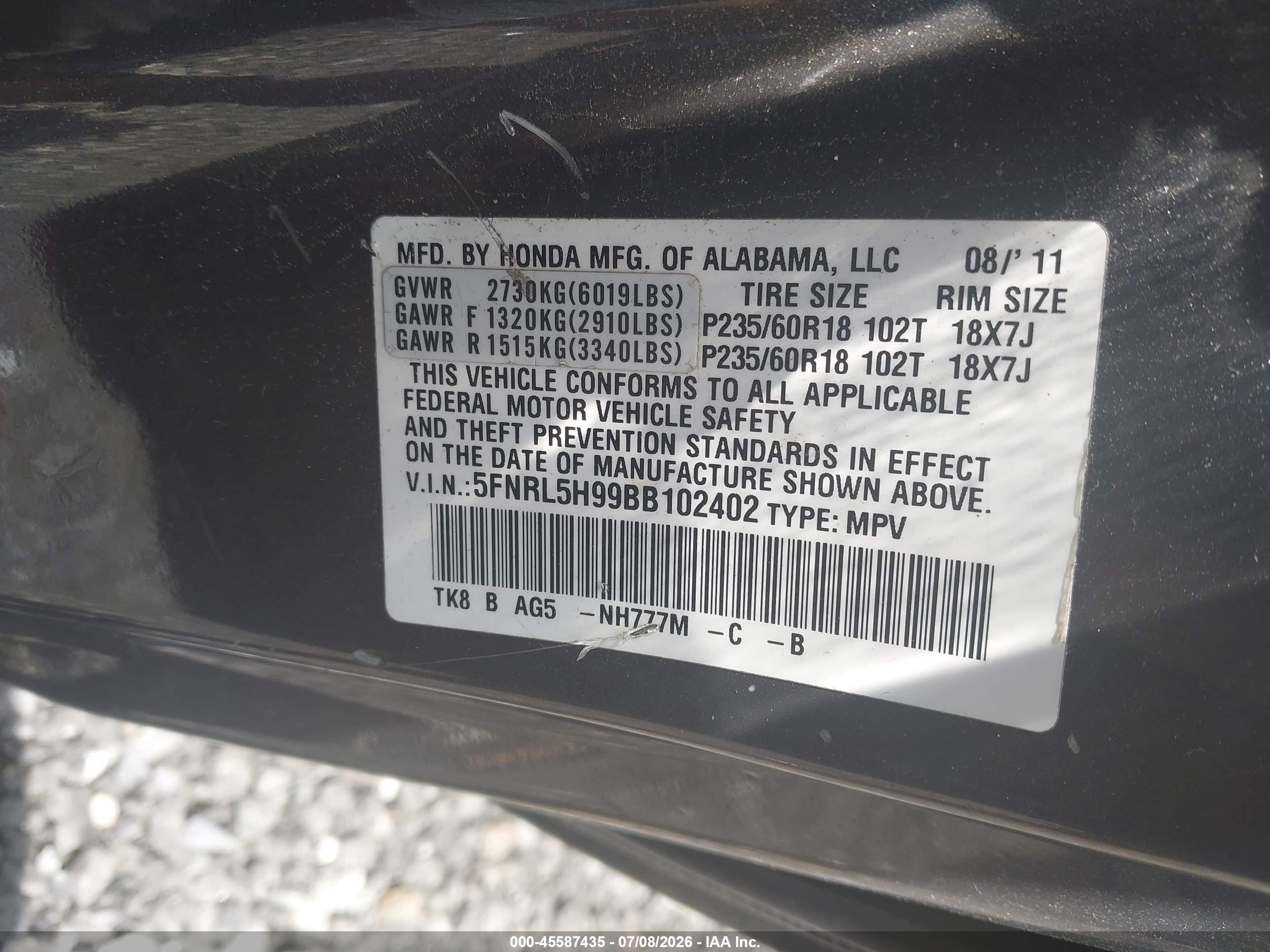 2011 Honda Odyssey Touring/touring Elite Gray vin: 5FNRL5H99BB102402
