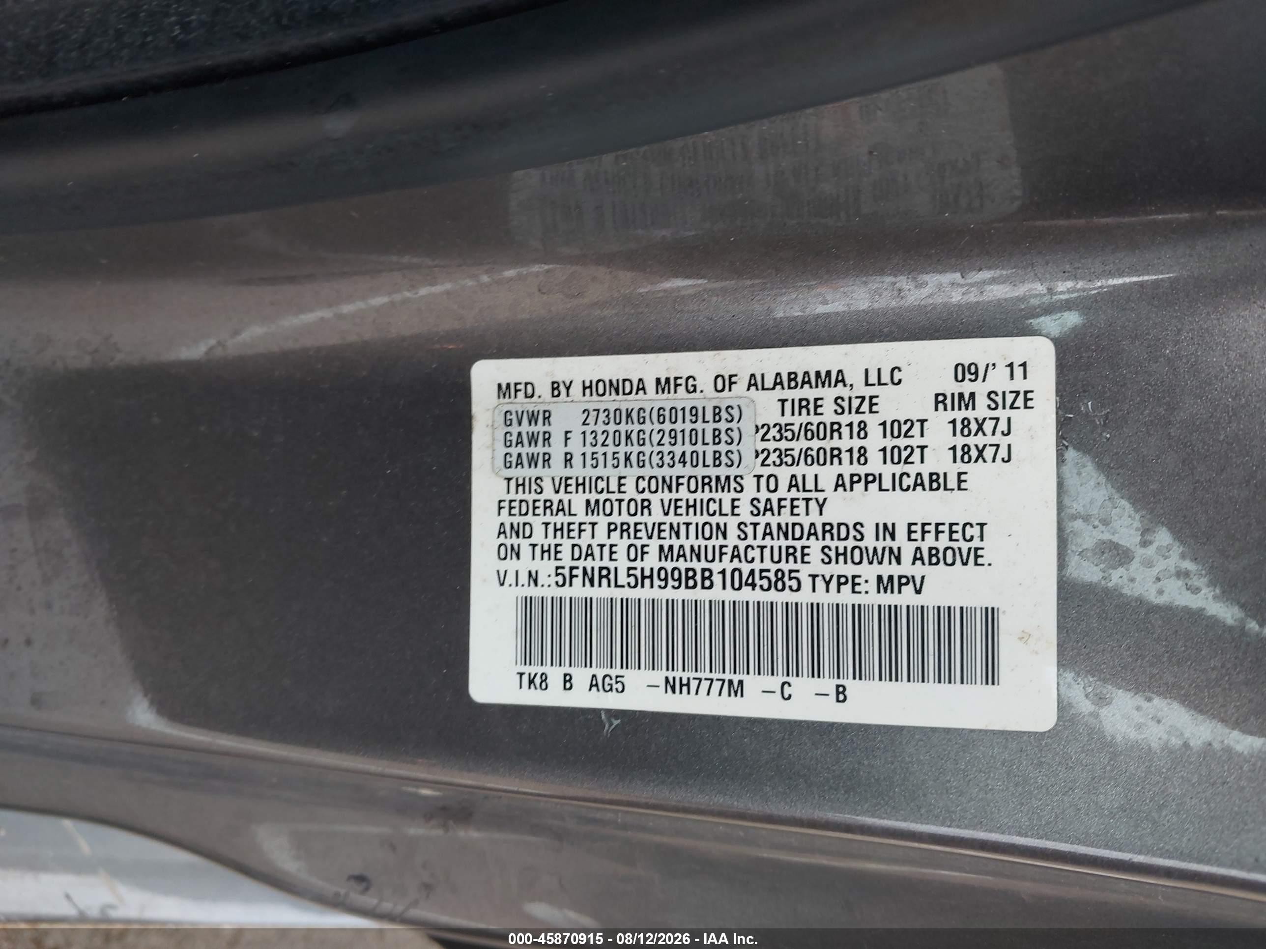 2011 Honda Odyssey Touring/touring Elite Gray vin: 5FNRL5H99BB104585