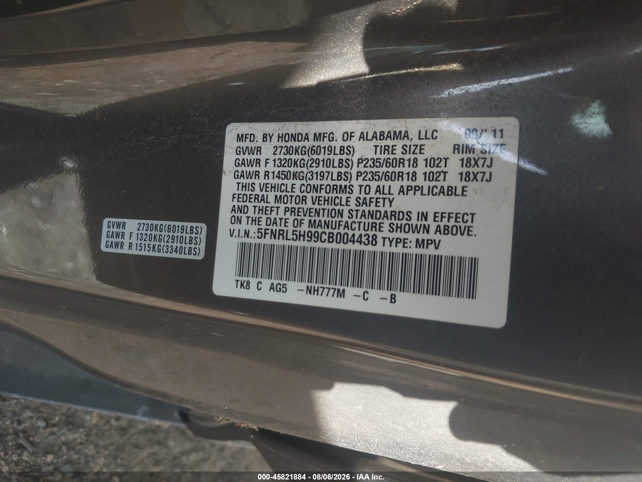 2012 Honda Odyssey Touring/touring Elite Gray vin: 5FNRL5H99CB004438