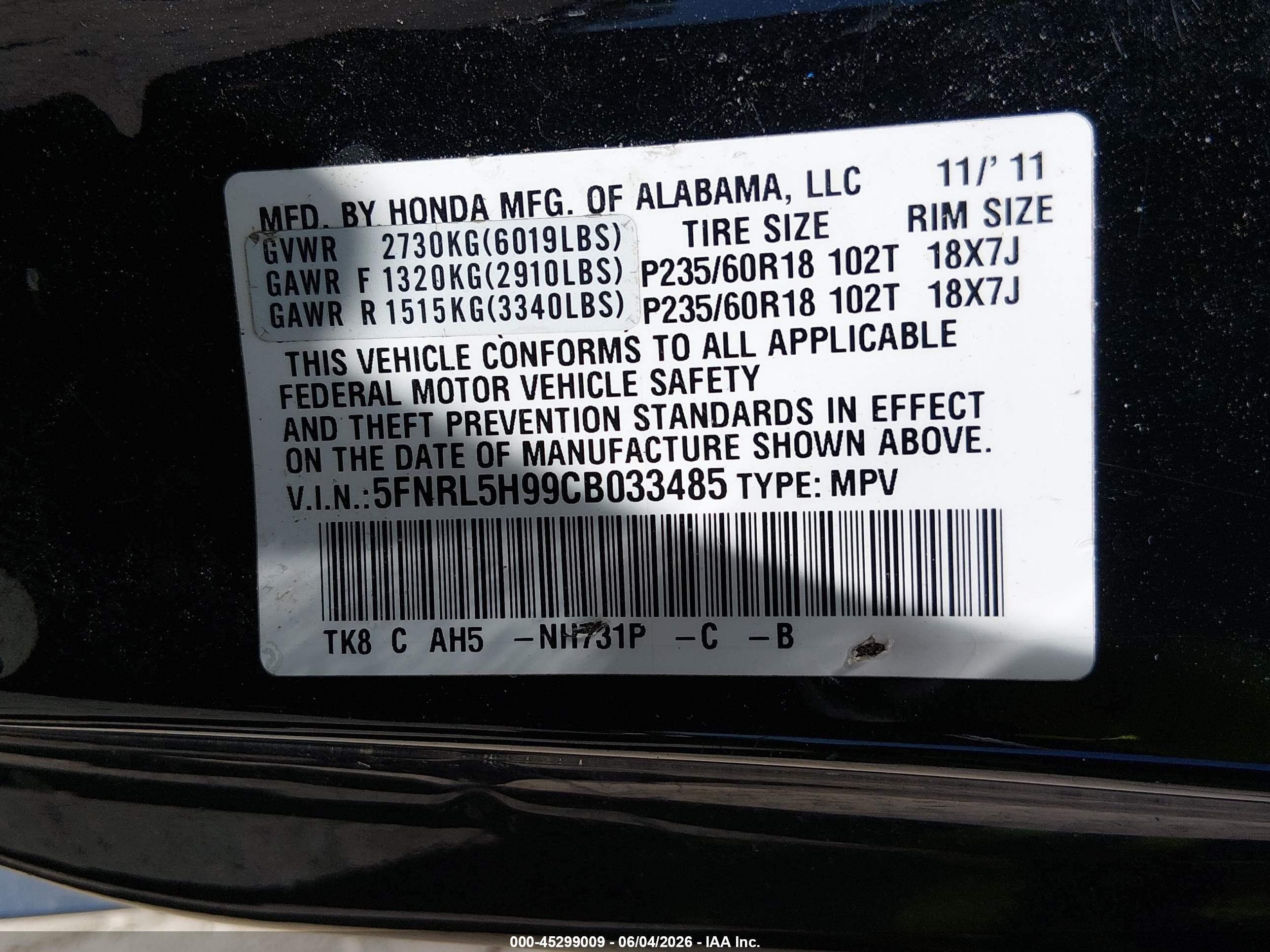 2012 Honda Odyssey Touring/touring Elite Black vin: 5FNRL5H99CB033485
