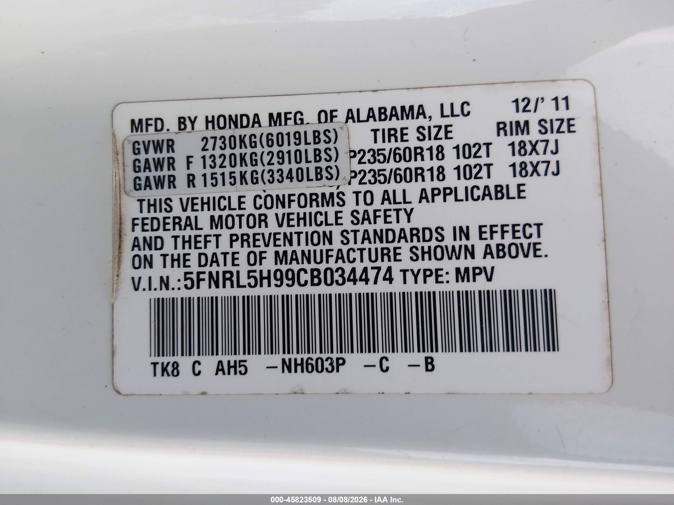 2012 Honda Odyssey Touring/touring Elite White vin: 5FNRL5H99CB034474