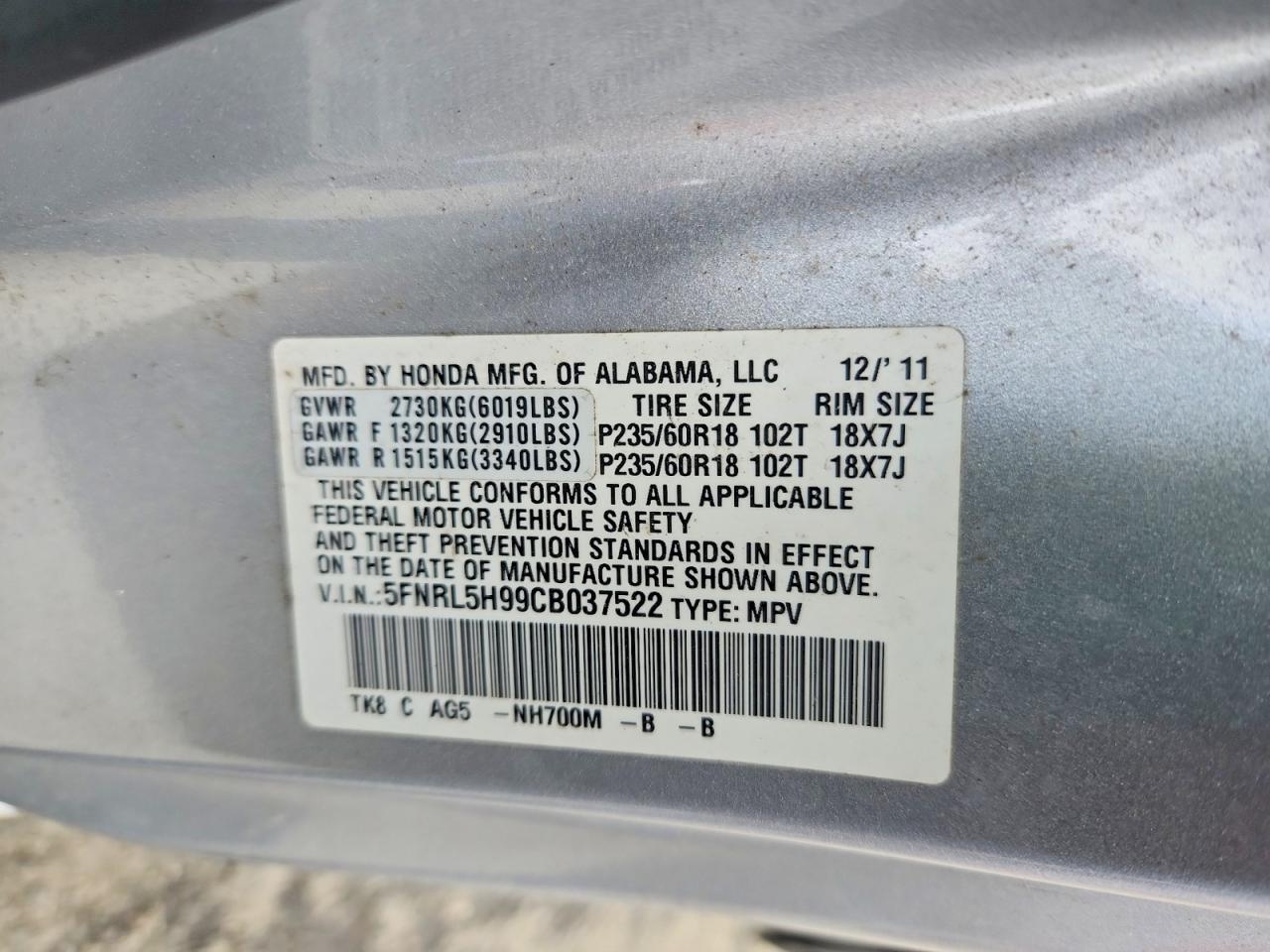 2012 Honda Odyssey Touring Silver vin: 5FNRL5H99CB037522