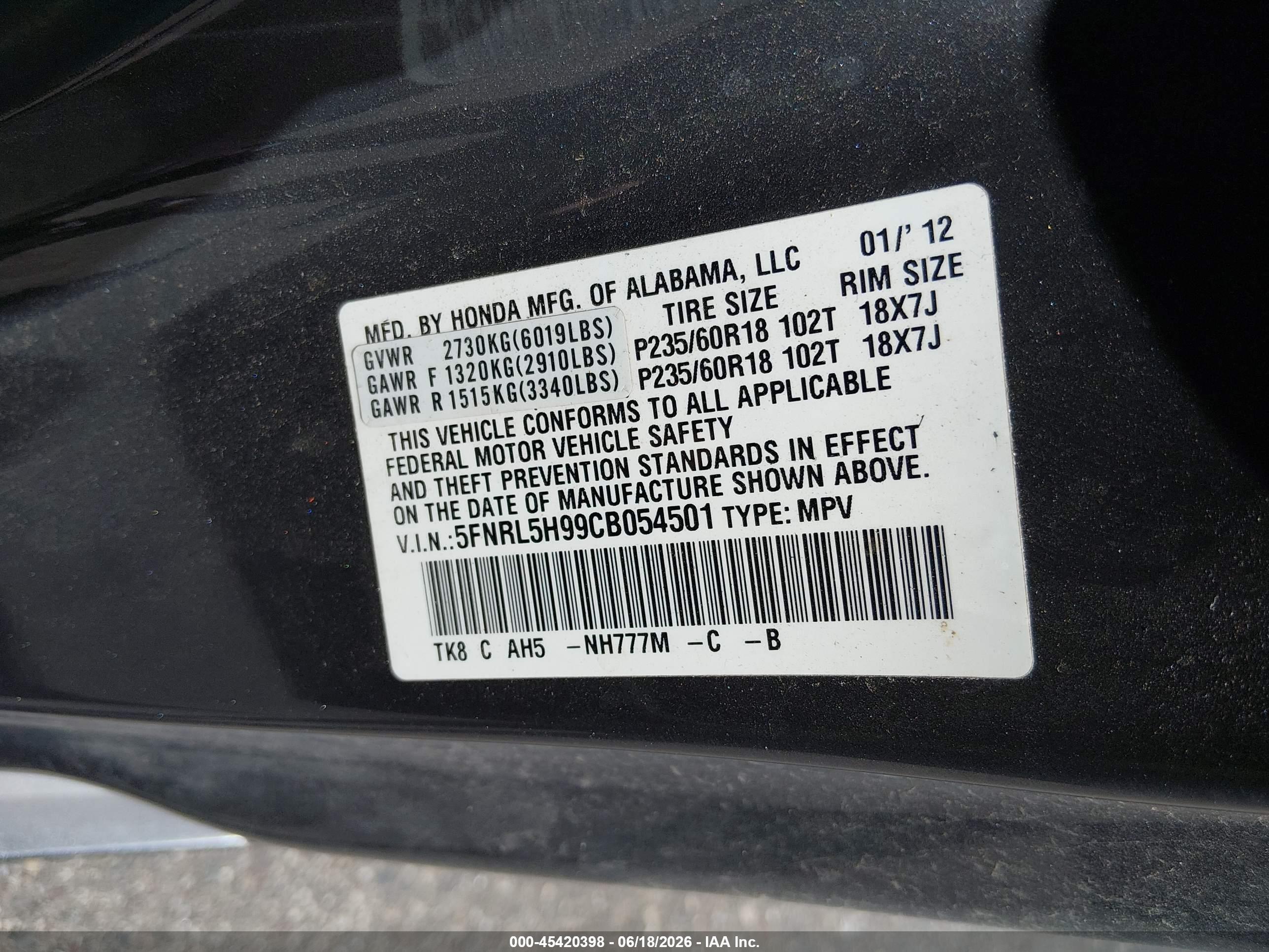 2012 Honda Odyssey Touring/touring Elite Gray vin: 5FNRL5H99CB054501