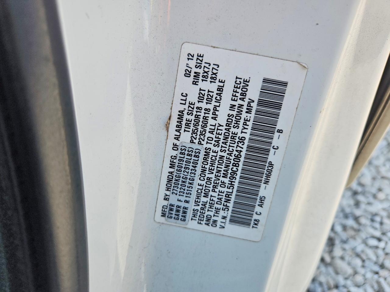 2012 Honda Odyssey Touring White vin: 5FNRL5H99CB064736