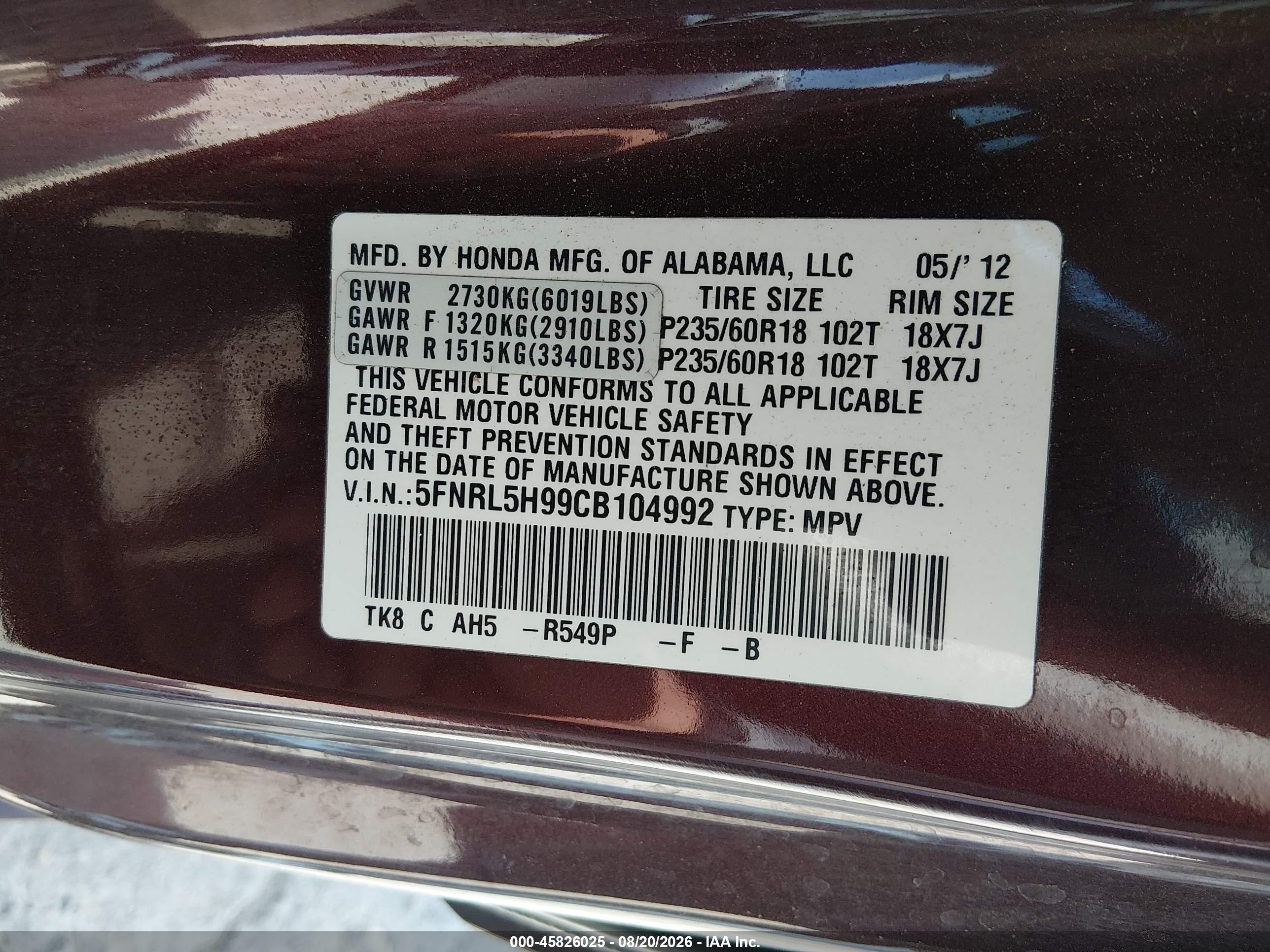 2012 Honda Odyssey Touring/touring Elite Burgundy vin: 5FNRL5H99CB104992