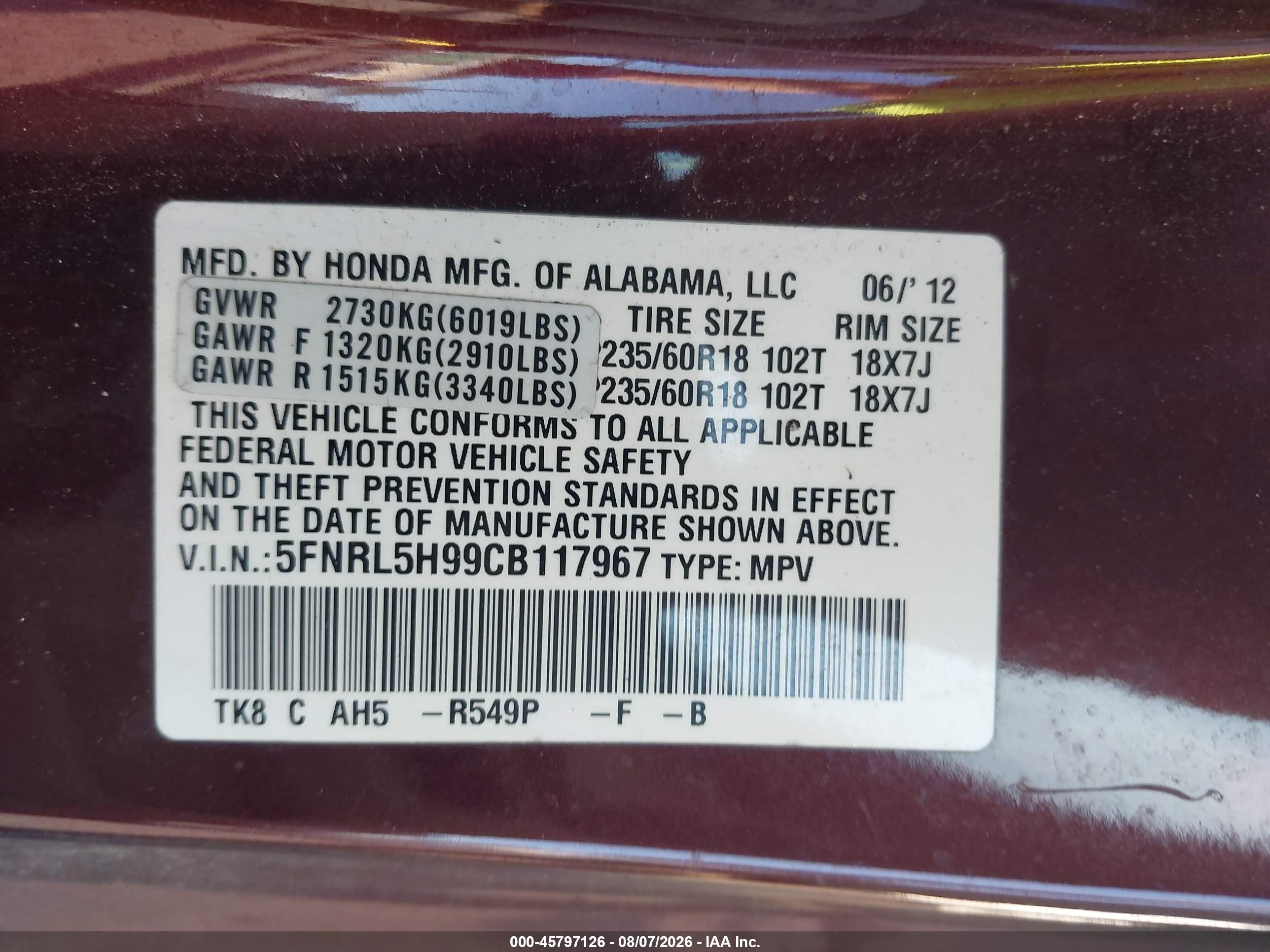 2012 Honda Odyssey Touring/touring Elite Burgundy vin: 5FNRL5H99CB117967