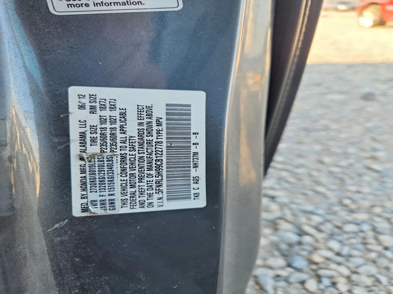 2012 Honda Odyssey Touring Gray vin: 5FNRL5H99CB122778