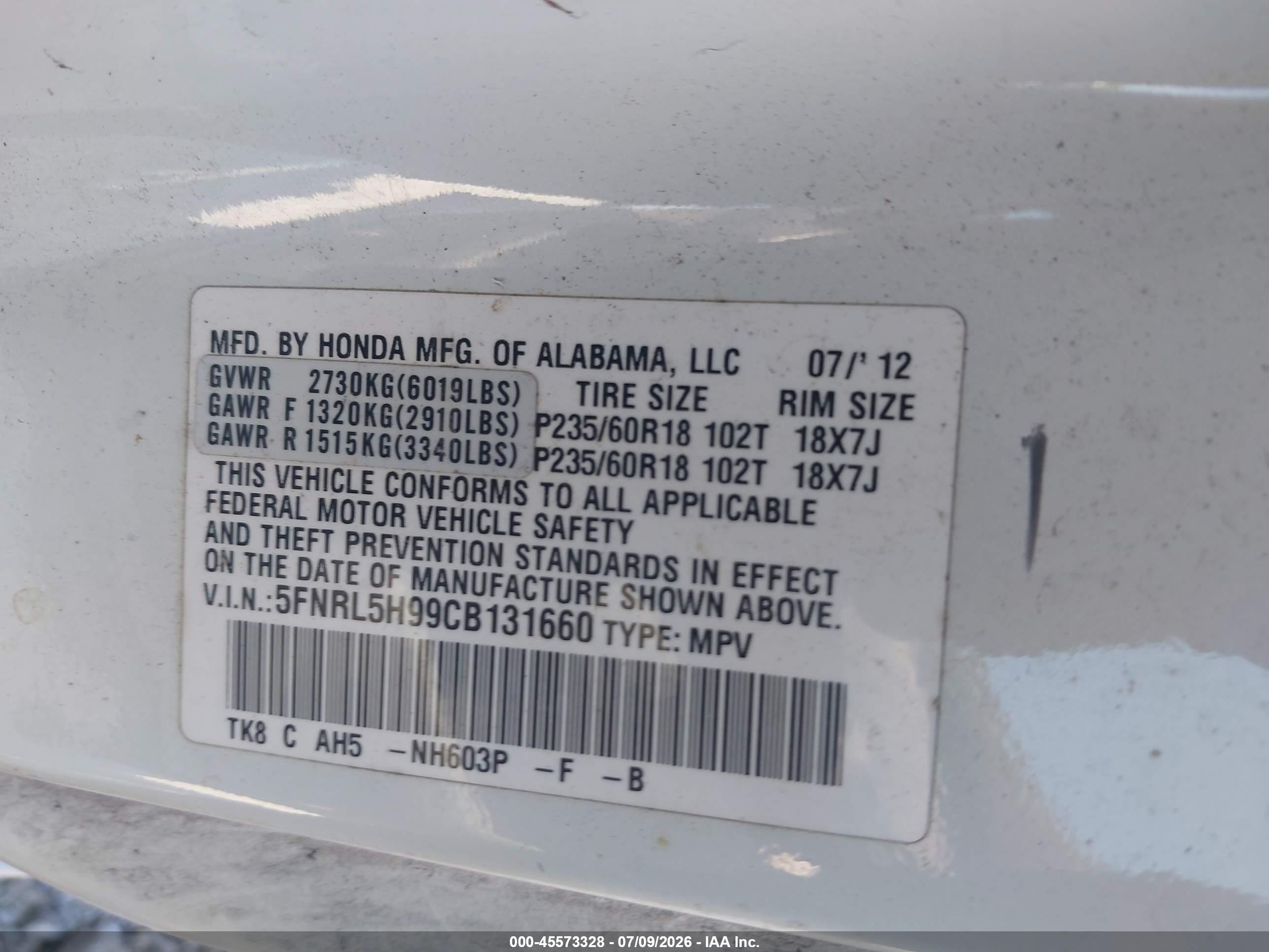 2012 Honda Odyssey Touring/touring Elite White vin: 5FNRL5H99CB131660