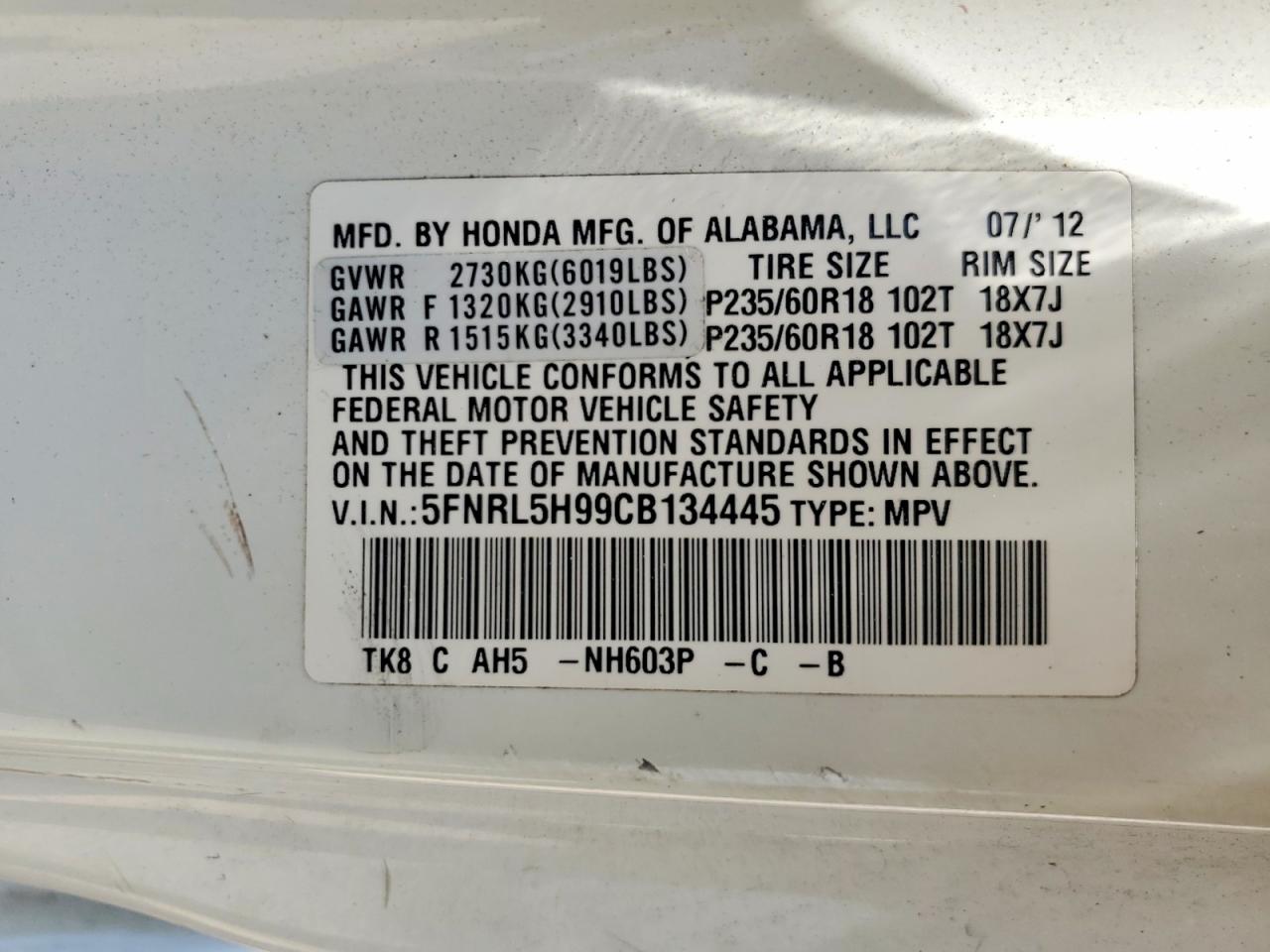 2012 Honda Odyssey Touring White vin: 5FNRL5H99CB134445