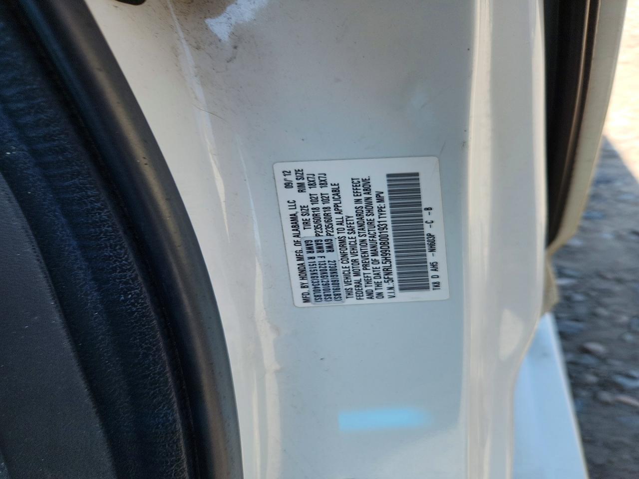 2013 Honda Odyssey Touring White vin: 5FNRL5H99DB001931