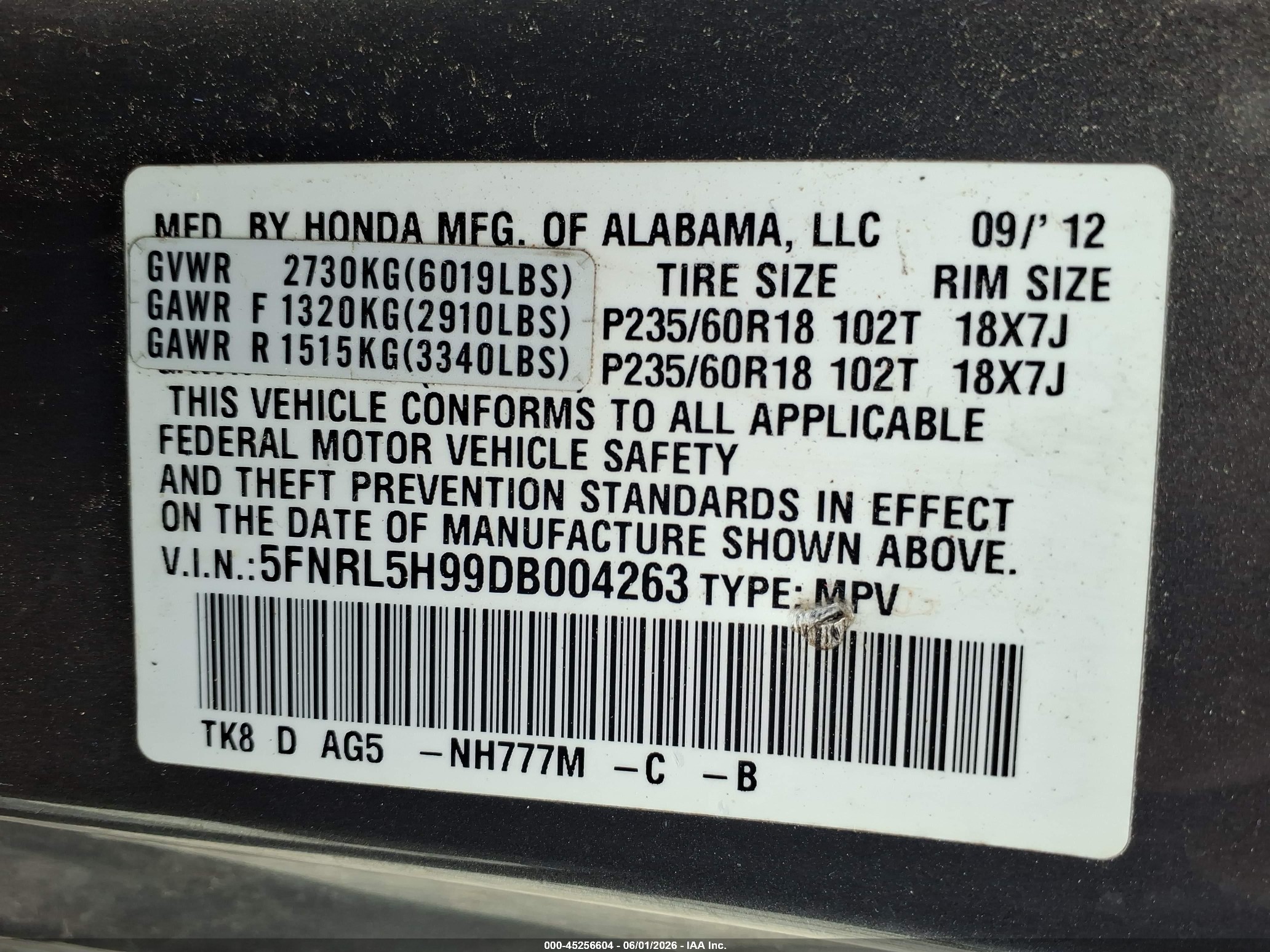 2013 Honda Odyssey Touring/touring Elite Gray vin: 5FNRL5H99DB004263