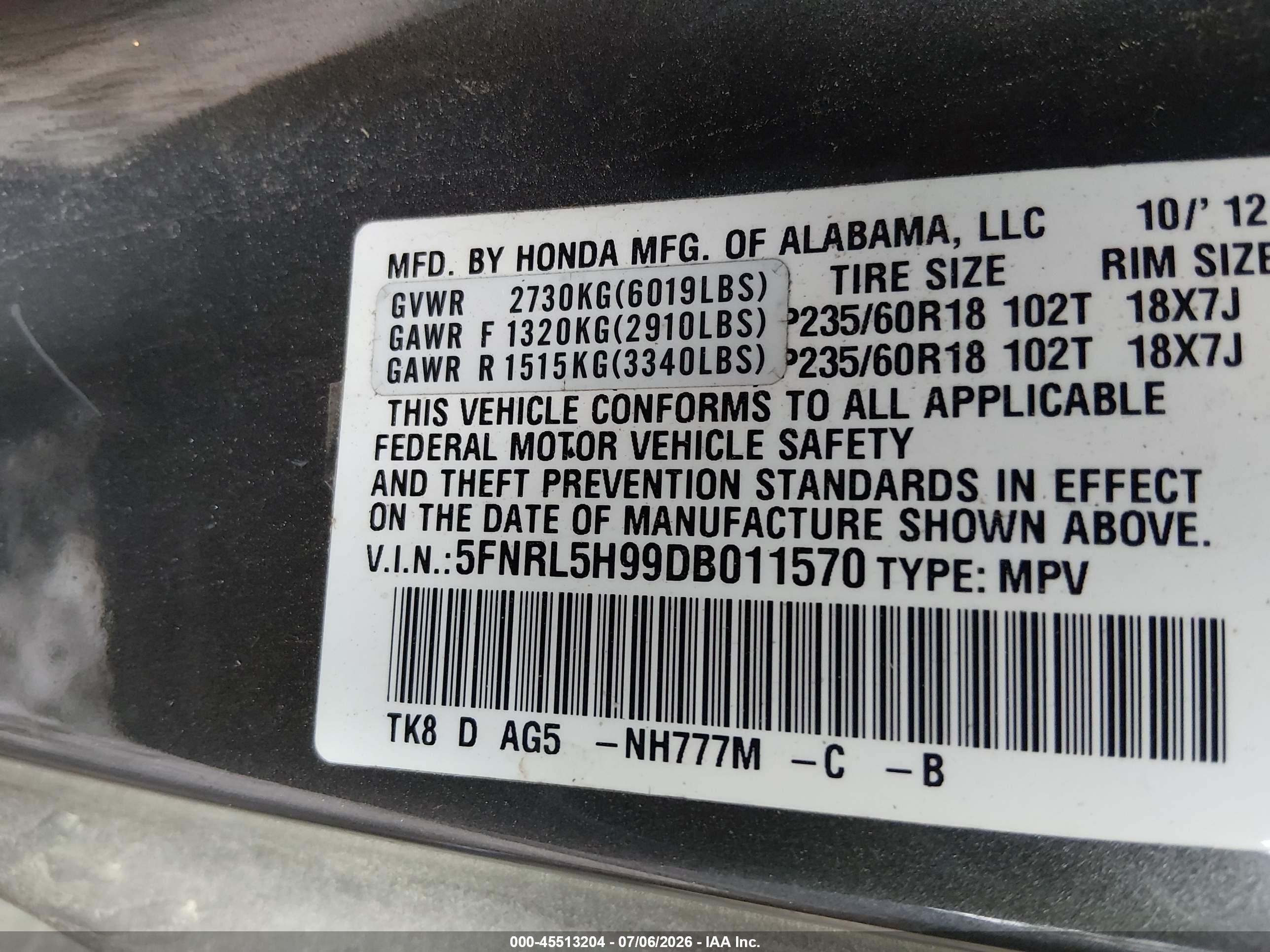 2013 Honda Odyssey Touring/touring Elite Gray vin: 5FNRL5H99DB011570