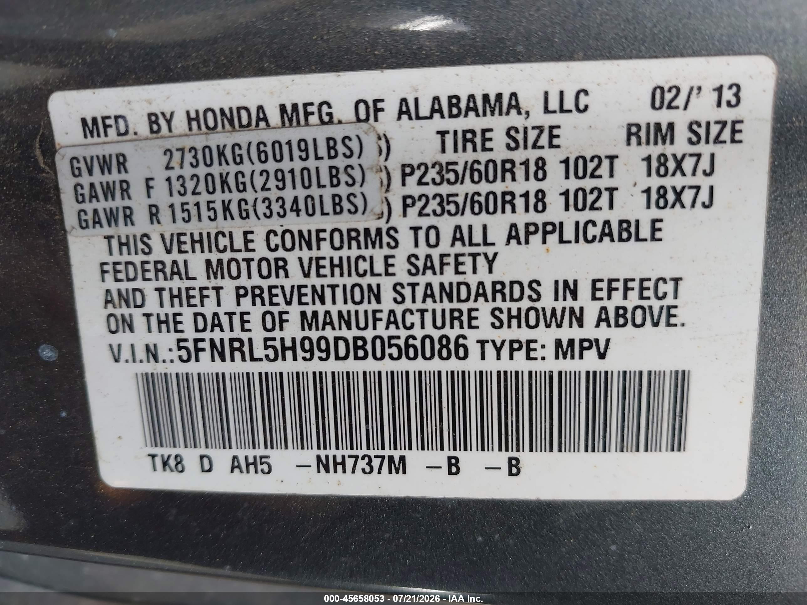 2013 Honda Odyssey Touring/touring Elite Gray vin: 5FNRL5H99DB056086
