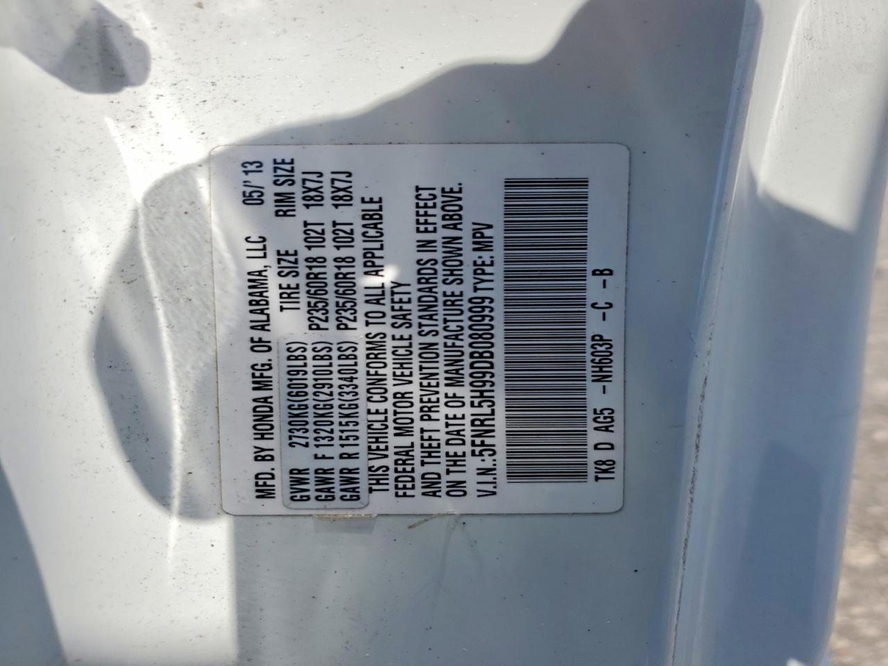 2013 Honda Odyssey Touring White vin: 5FNRL5H99DB080999
