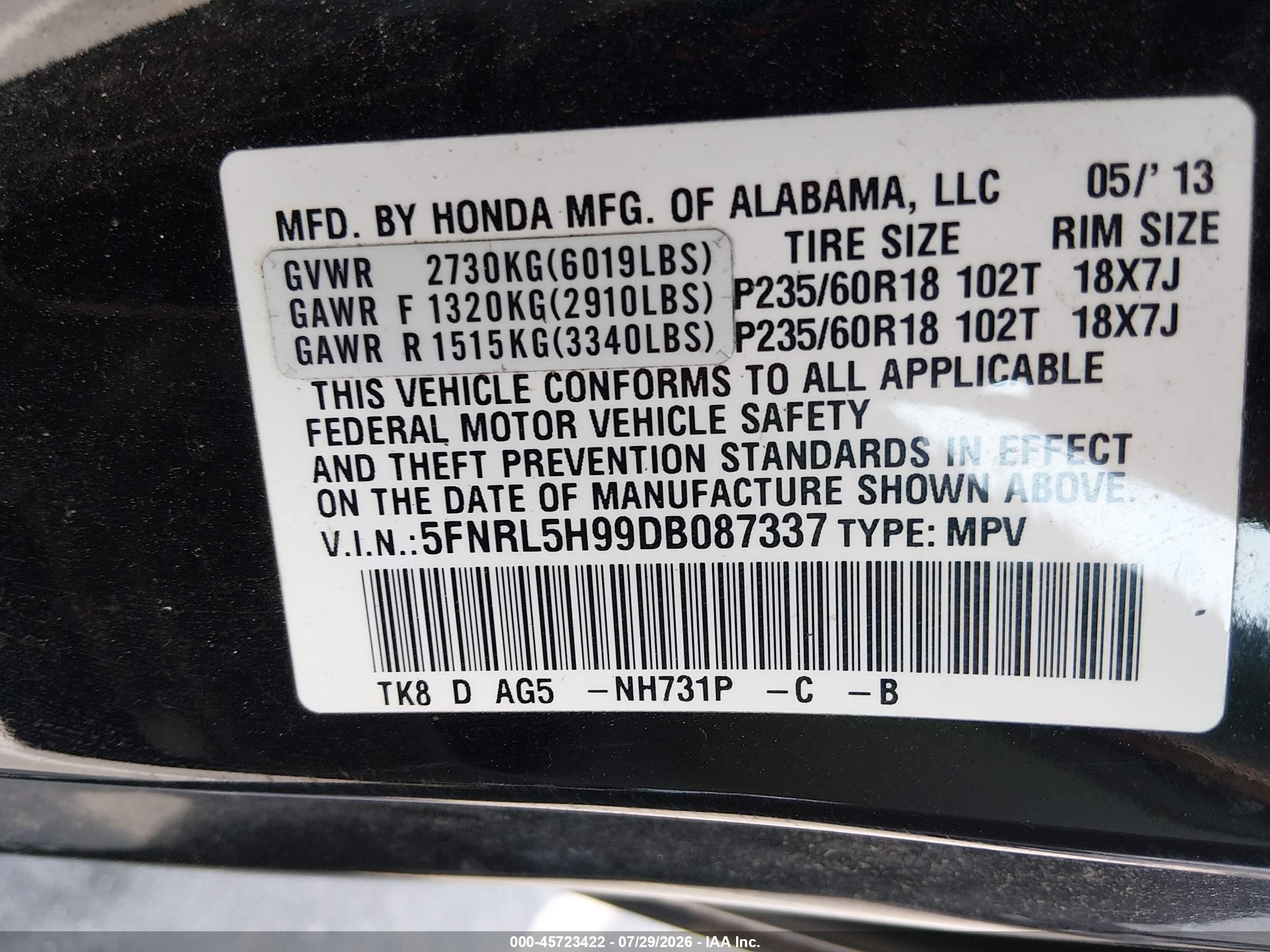 2013 Honda Odyssey Touring/touring Elite Black vin: 5FNRL5H99DB087337