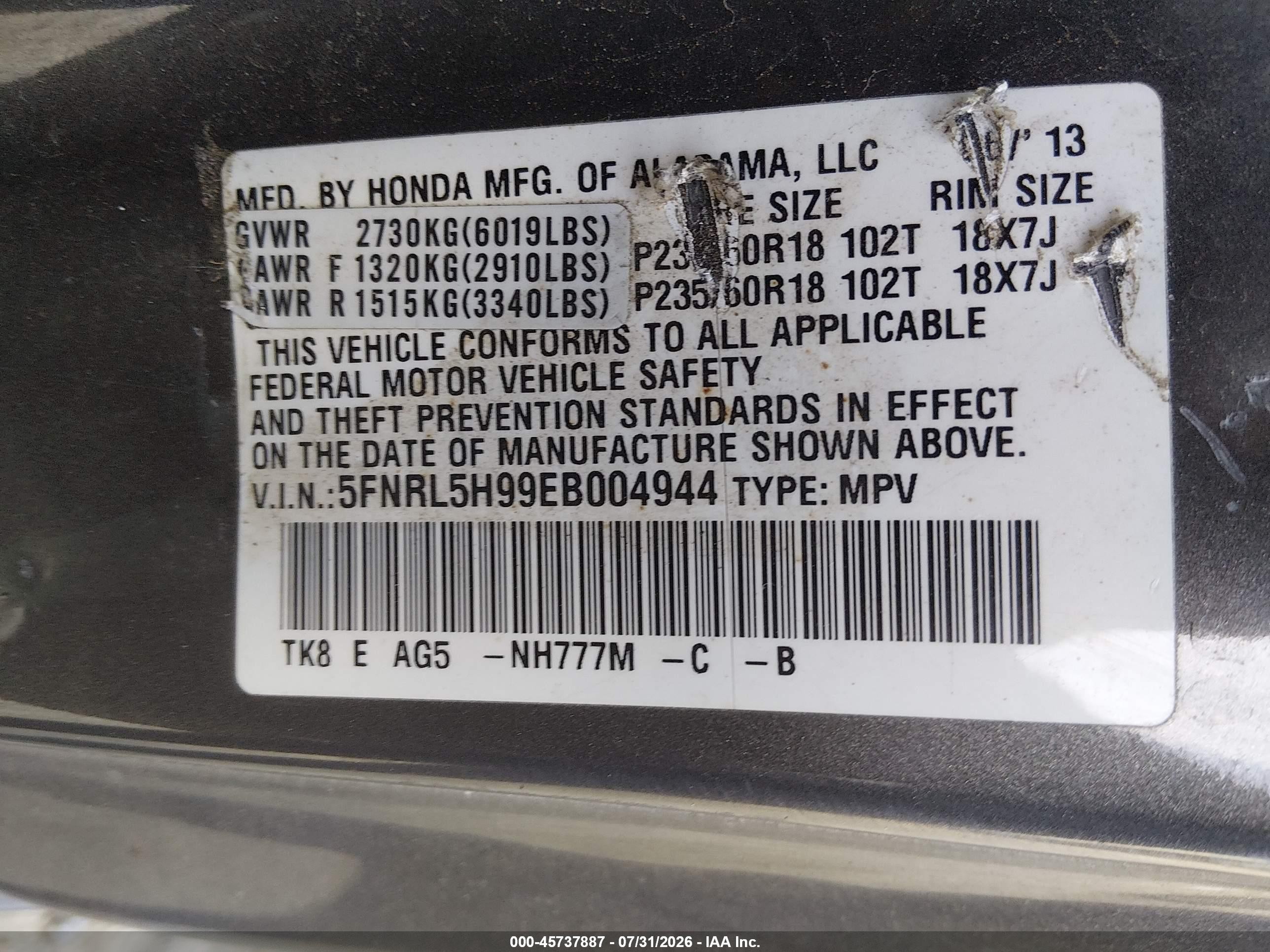 2014 Honda Odyssey Touring/touring Elite Gray vin: 5FNRL5H99EB004944