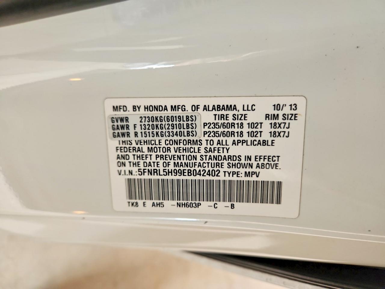 2014 Honda Odyssey Touring Белый vin: 5FNRL5H99EB042402