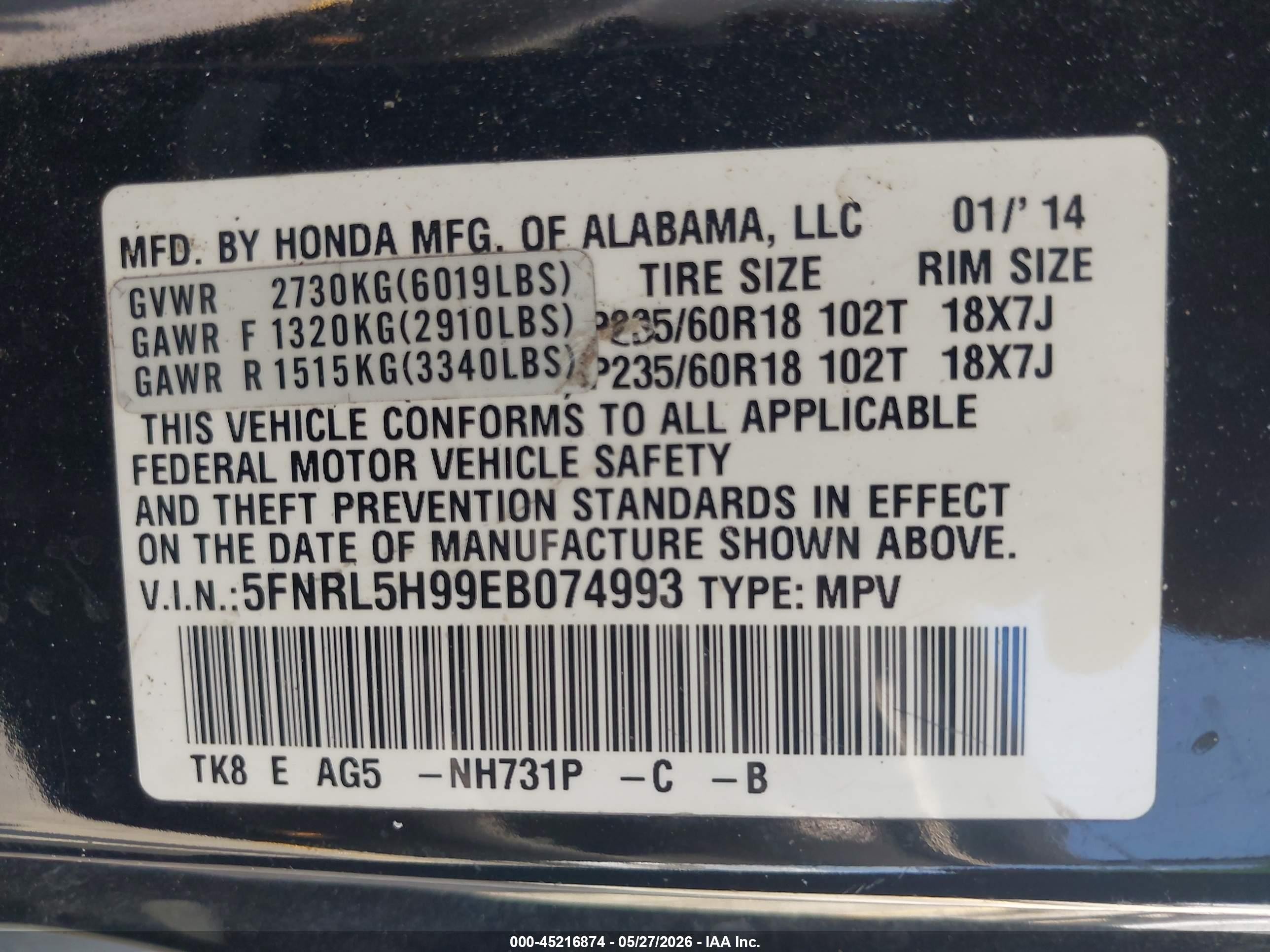 2014 Honda Odyssey Touring/touring Elite Black vin: 5FNRL5H99EB074993