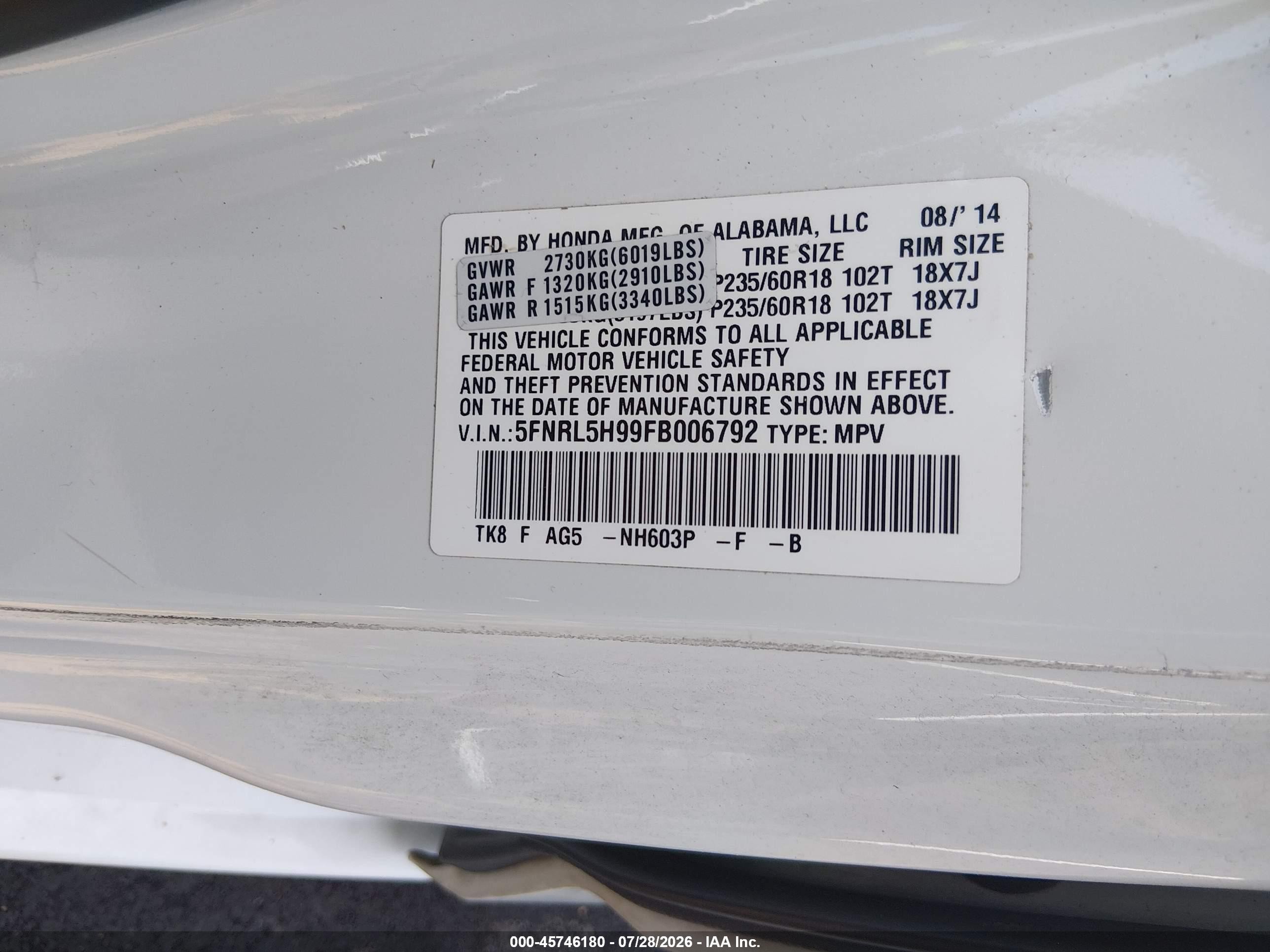 2015 Honda Odyssey Touring/touring Elite White vin: 5FNRL5H99FB006792