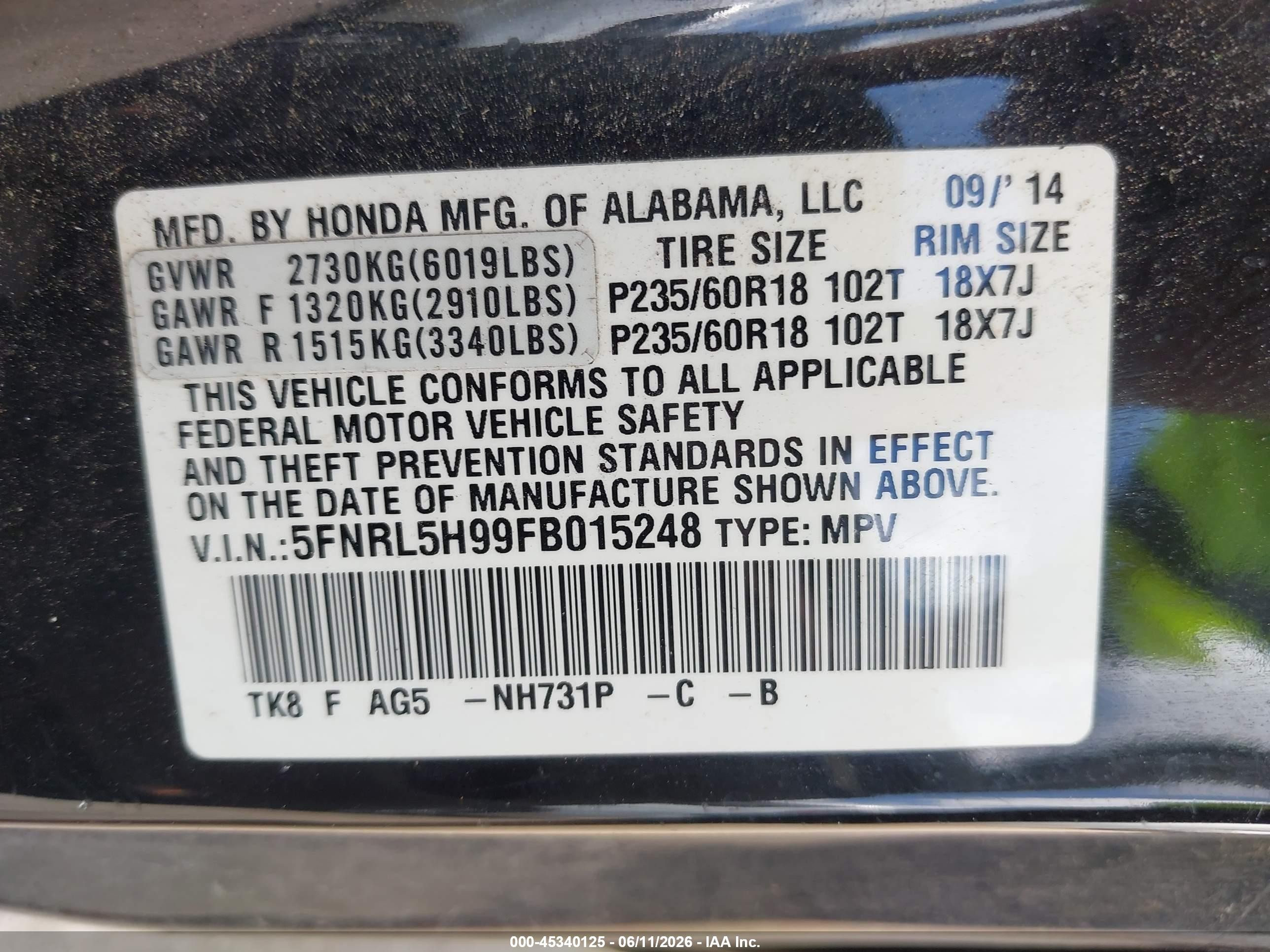 2015 Honda Odyssey Touring/touring Elite Black vin: 5FNRL5H99FB015248