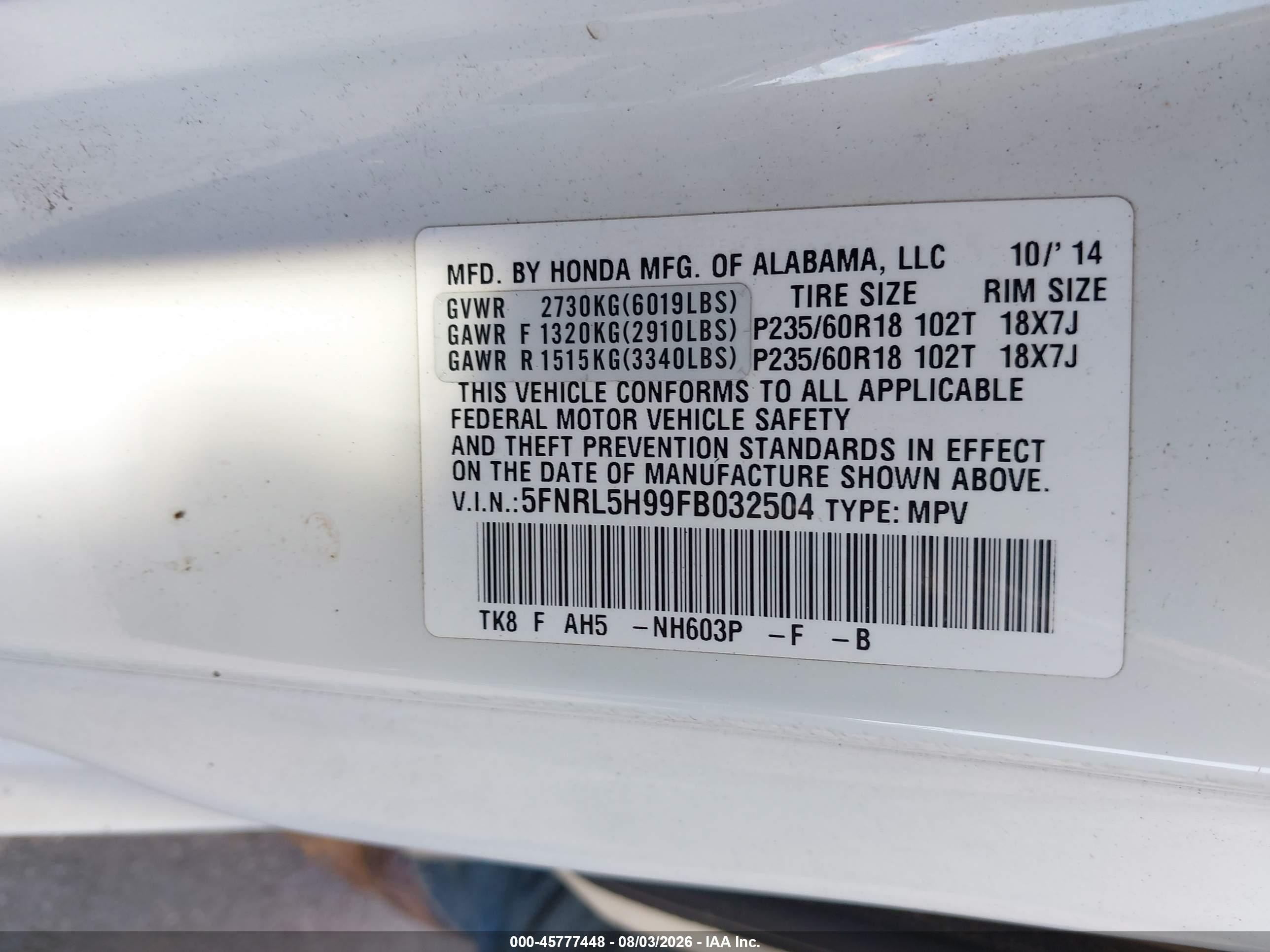 2015 Honda Odyssey Touring/touring Elite White vin: 5FNRL5H99FB032504