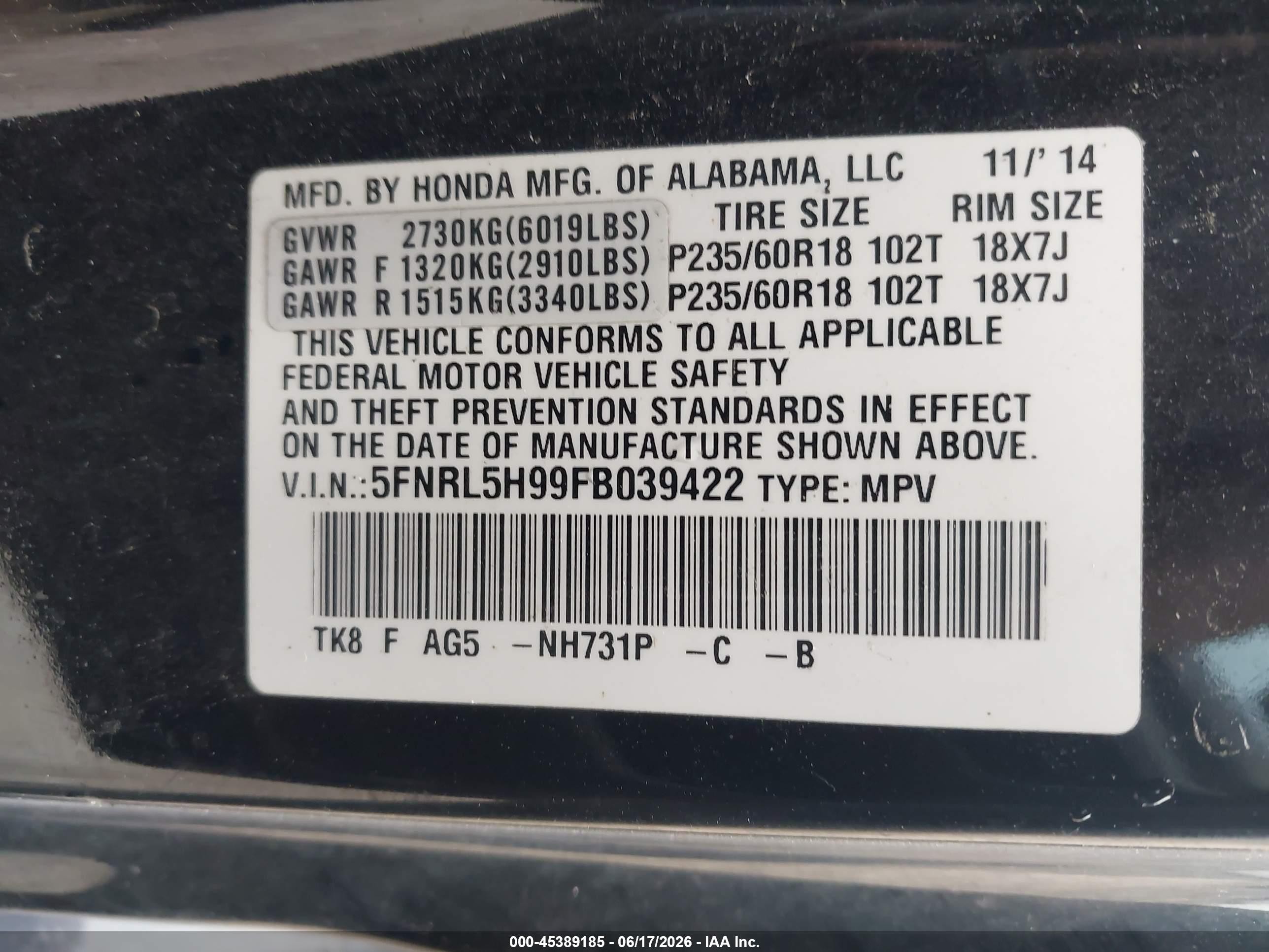 2015 Honda Odyssey Touring/touring Elite Черный vin: 5FNRL5H99FB039422