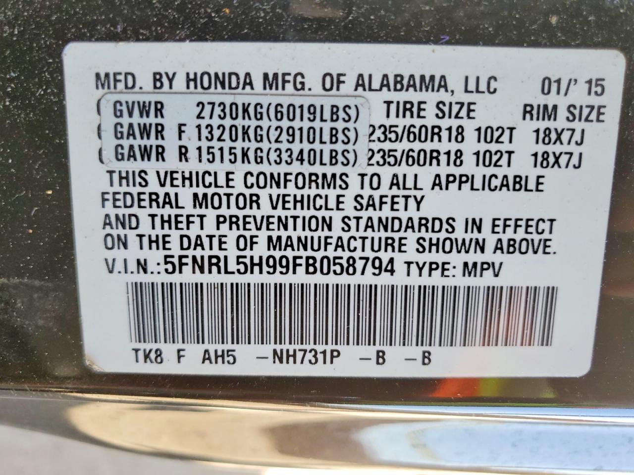 2015 Honda Odyssey Touring Black vin: 5FNRL5H99FB058794