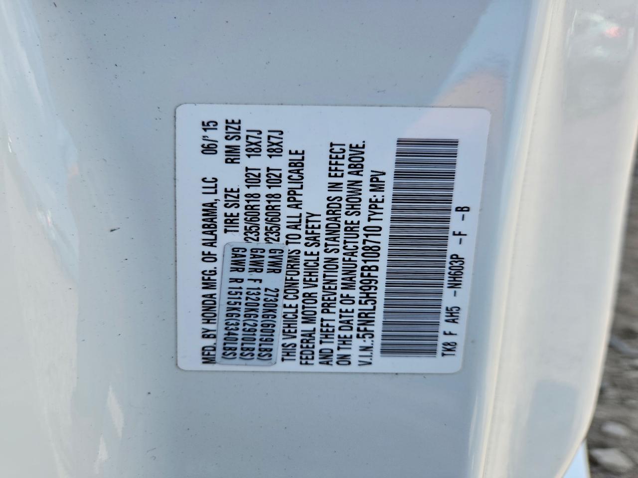2015 Honda Odyssey Touring White vin: 5FNRL5H99FB108710