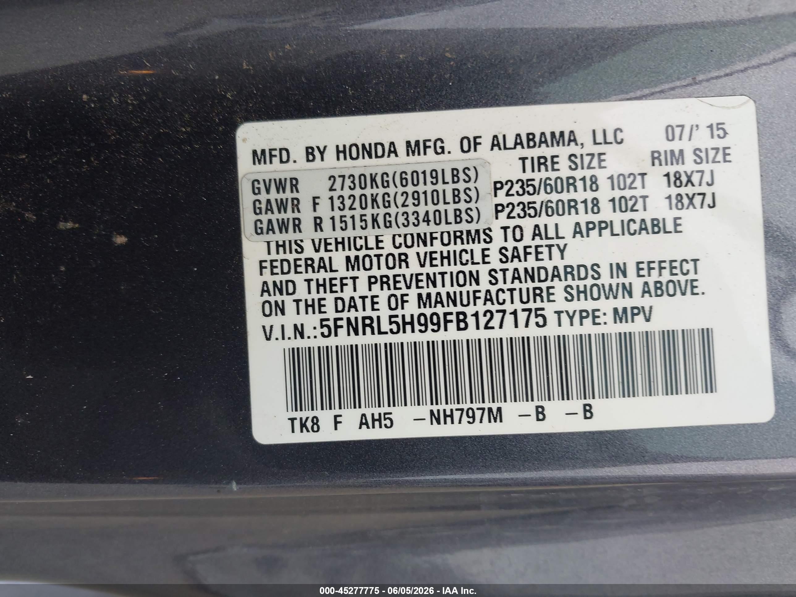 2015 Honda Odyssey Touring/touring Elite Gray vin: 5FNRL5H99FB127175