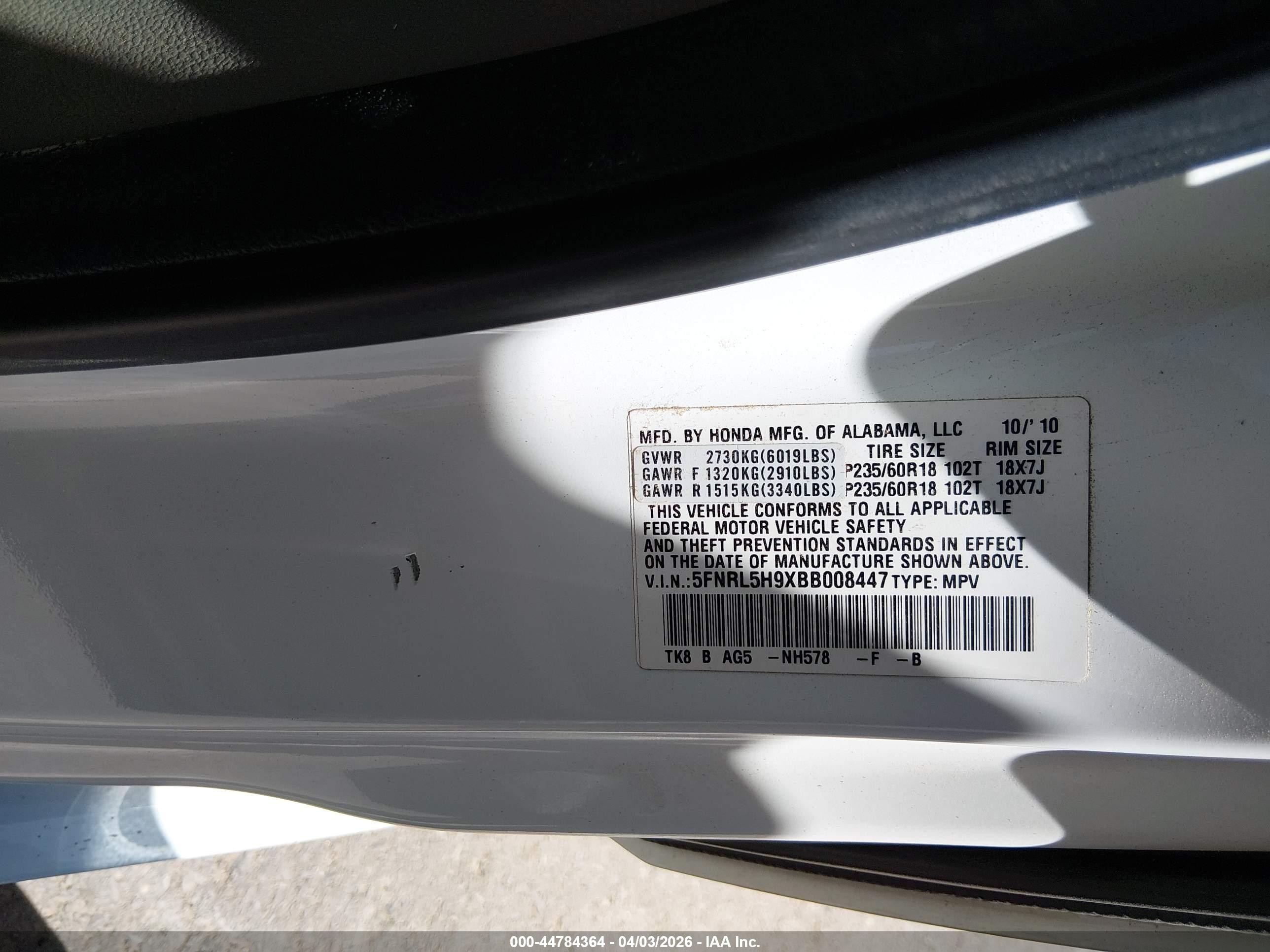2011 Honda Odyssey Touring/touring Elite White vin: 5FNRL5H9XBB008447