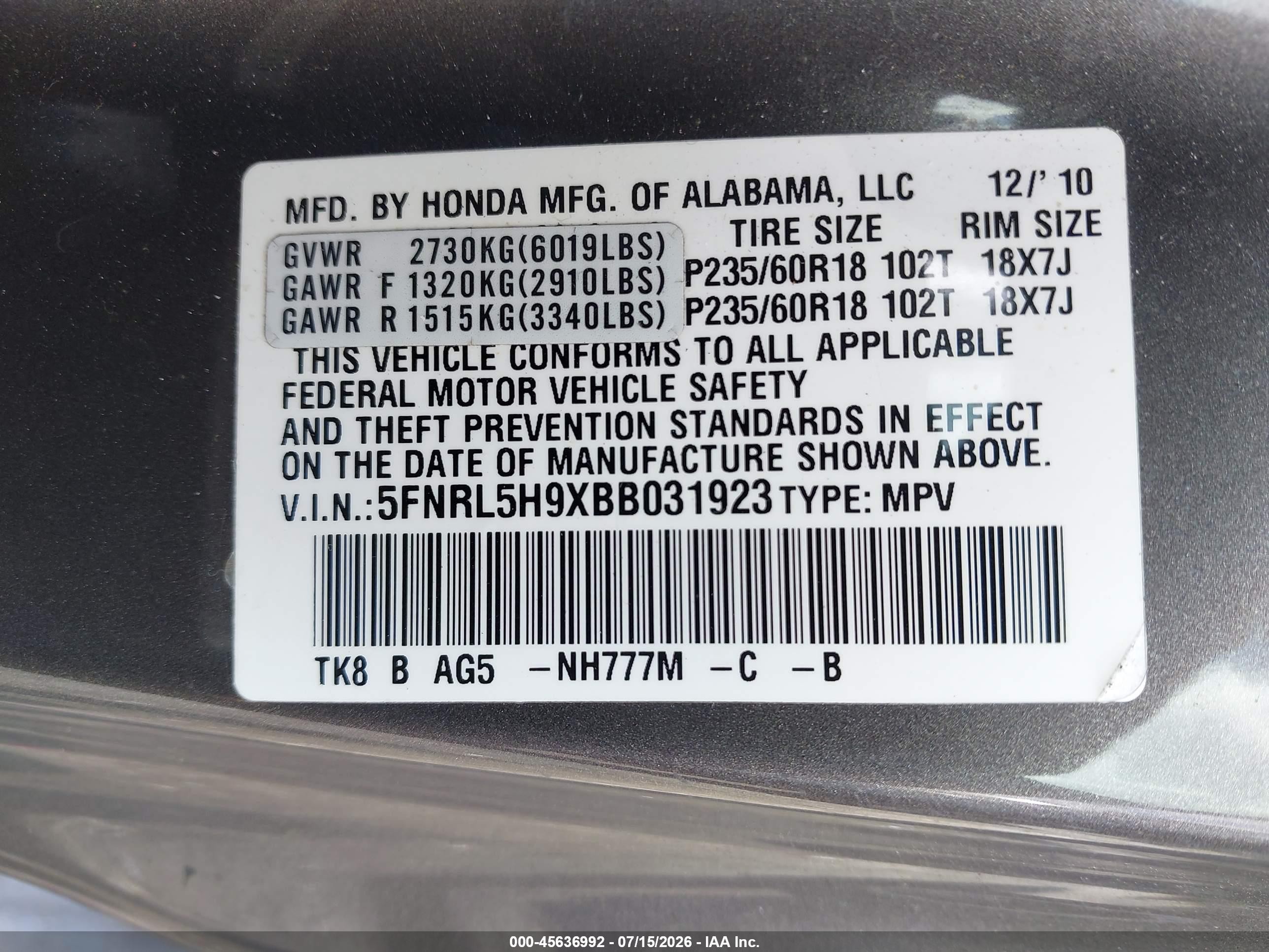 2011 Honda Odyssey Touring/touring Elite Gray vin: 5FNRL5H9XBB031923