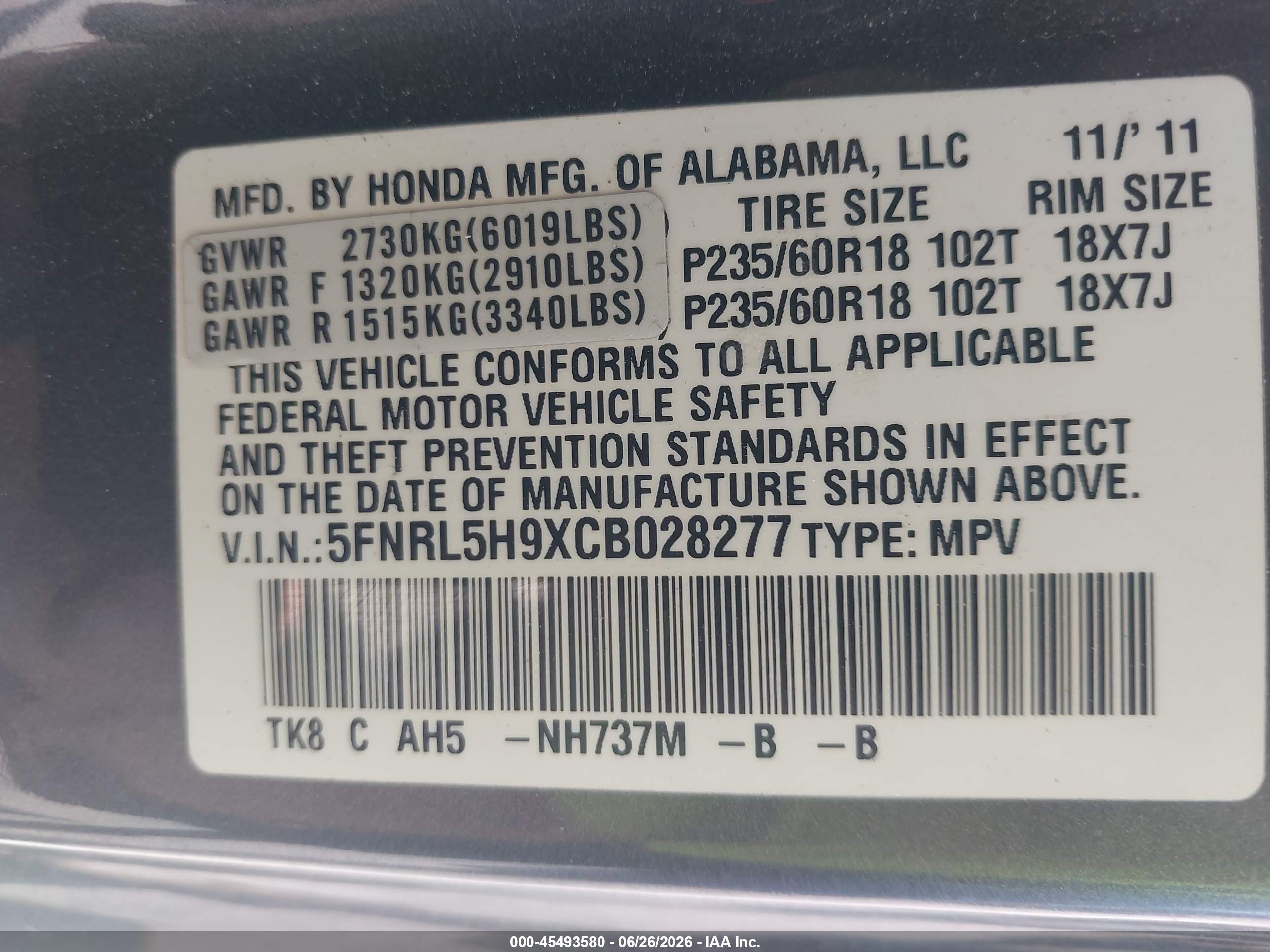 2012 Honda Odyssey Touring/touring Elite Blue vin: 5FNRL5H9XCB028277