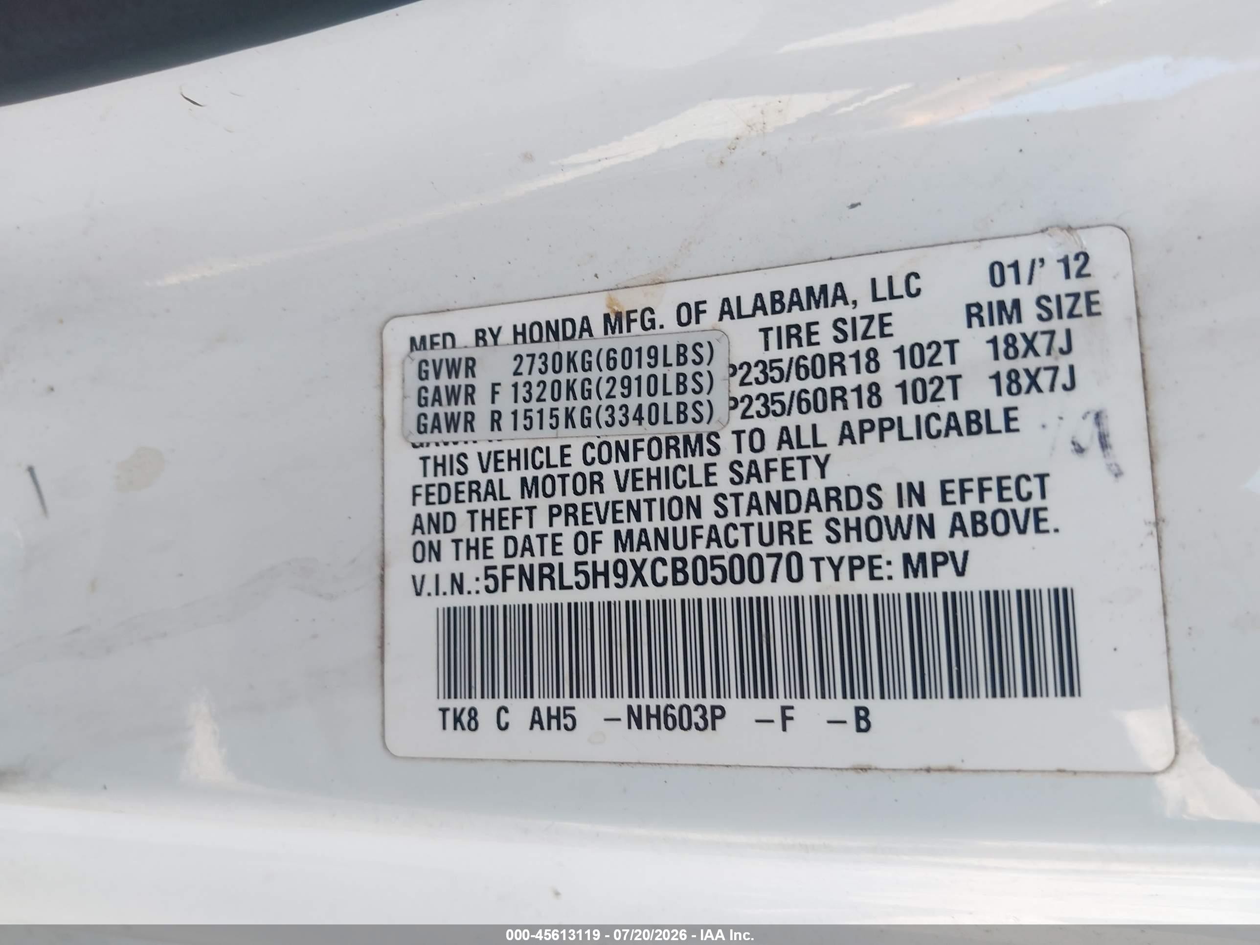 2012 Honda Odyssey Touring/touring Elite White vin: 5FNRL5H9XCB050070