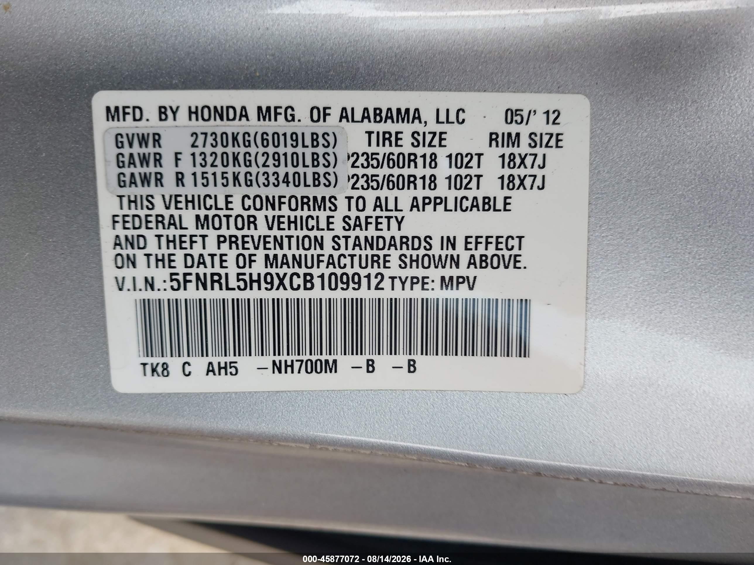 2012 Honda Odyssey Touring/touring Elite Silver vin: 5FNRL5H9XCB109912