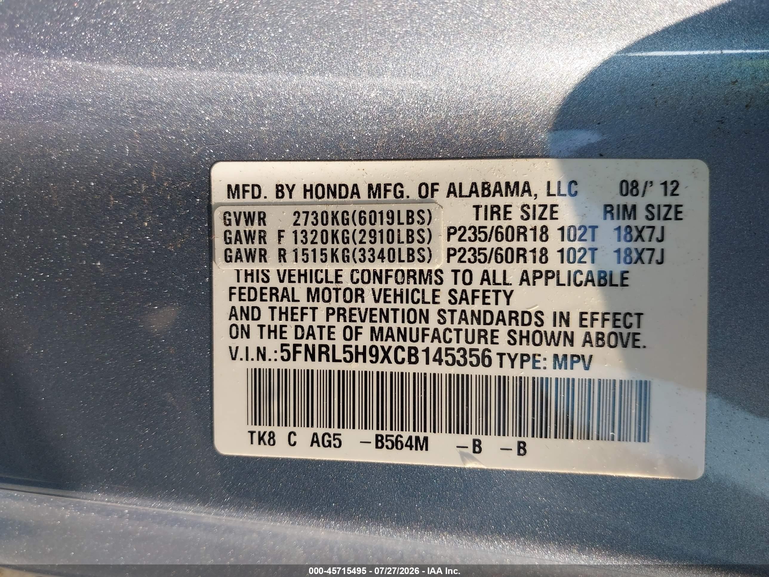2012 Honda Odyssey Touring/touring Elite Light Blue vin: 5FNRL5H9XCB145356