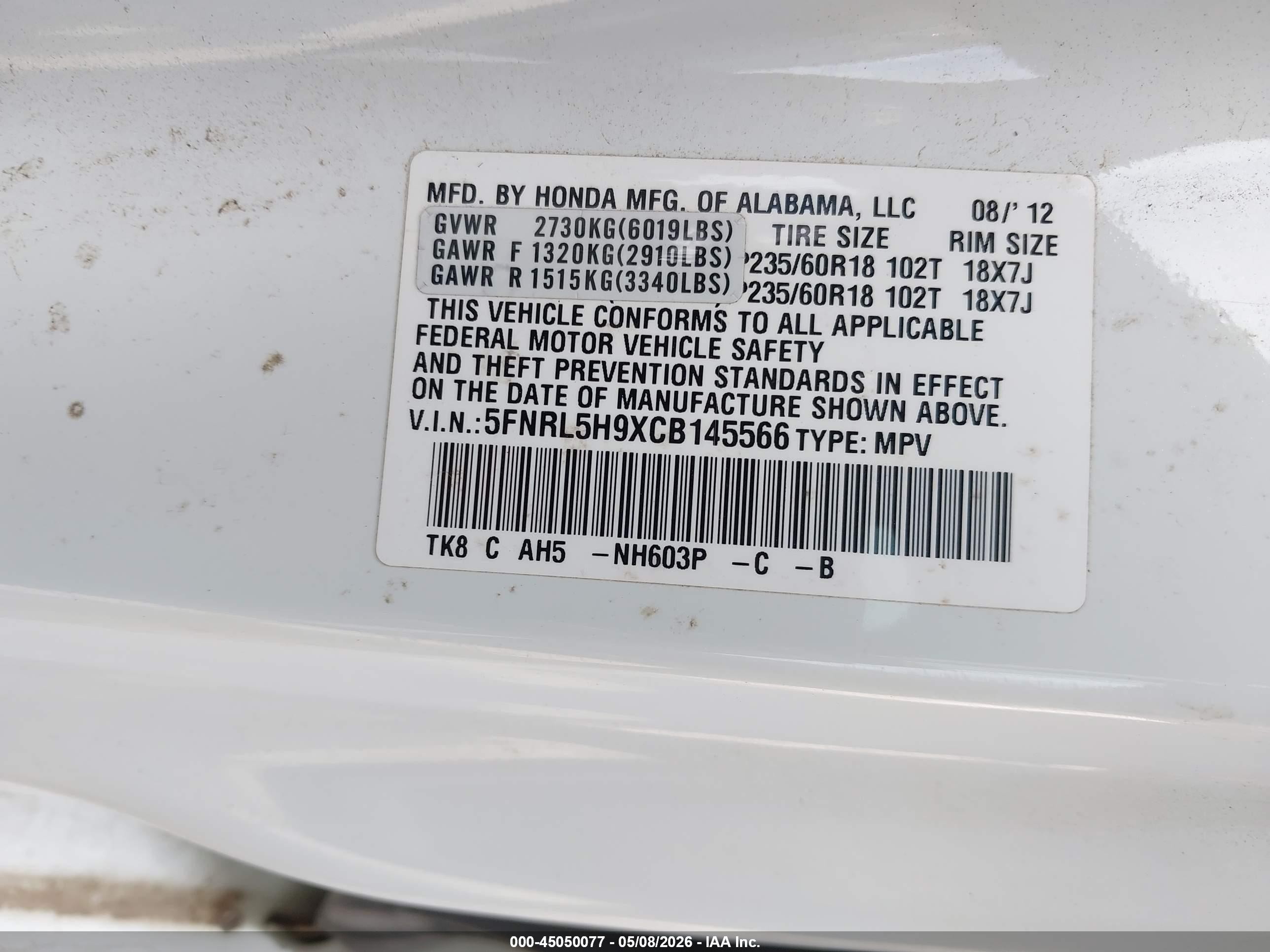 2012 Honda Odyssey Touring/touring Elite White vin: 5FNRL5H9XCB145566
