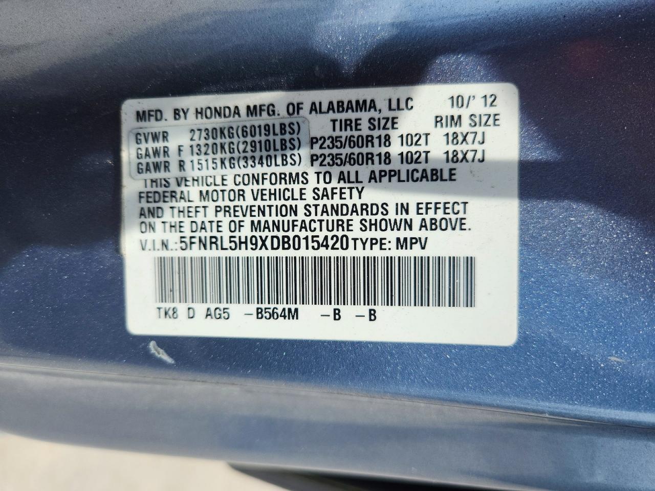 2013 Honda Odyssey Touring Blue vin: 5FNRL5H9XDB015420