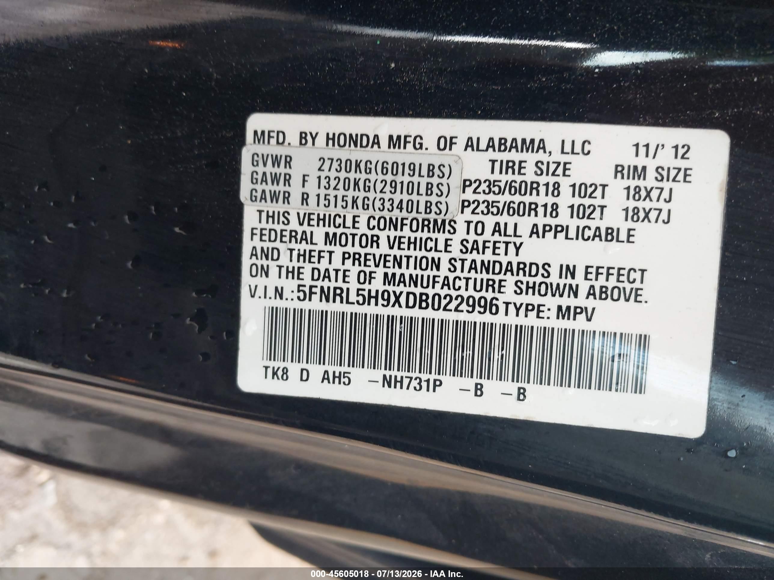 2013 Honda Odyssey Touring/touring Elite Black vin: 5FNRL5H9XDB022996