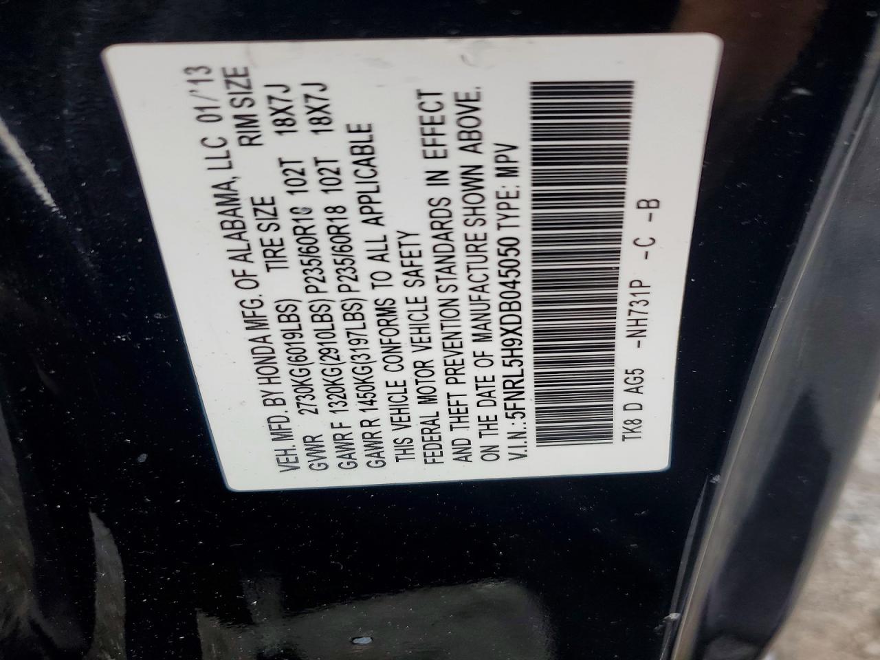 2013 Honda Odyssey Touring Black vin: 5FNRL5H9XDB045050