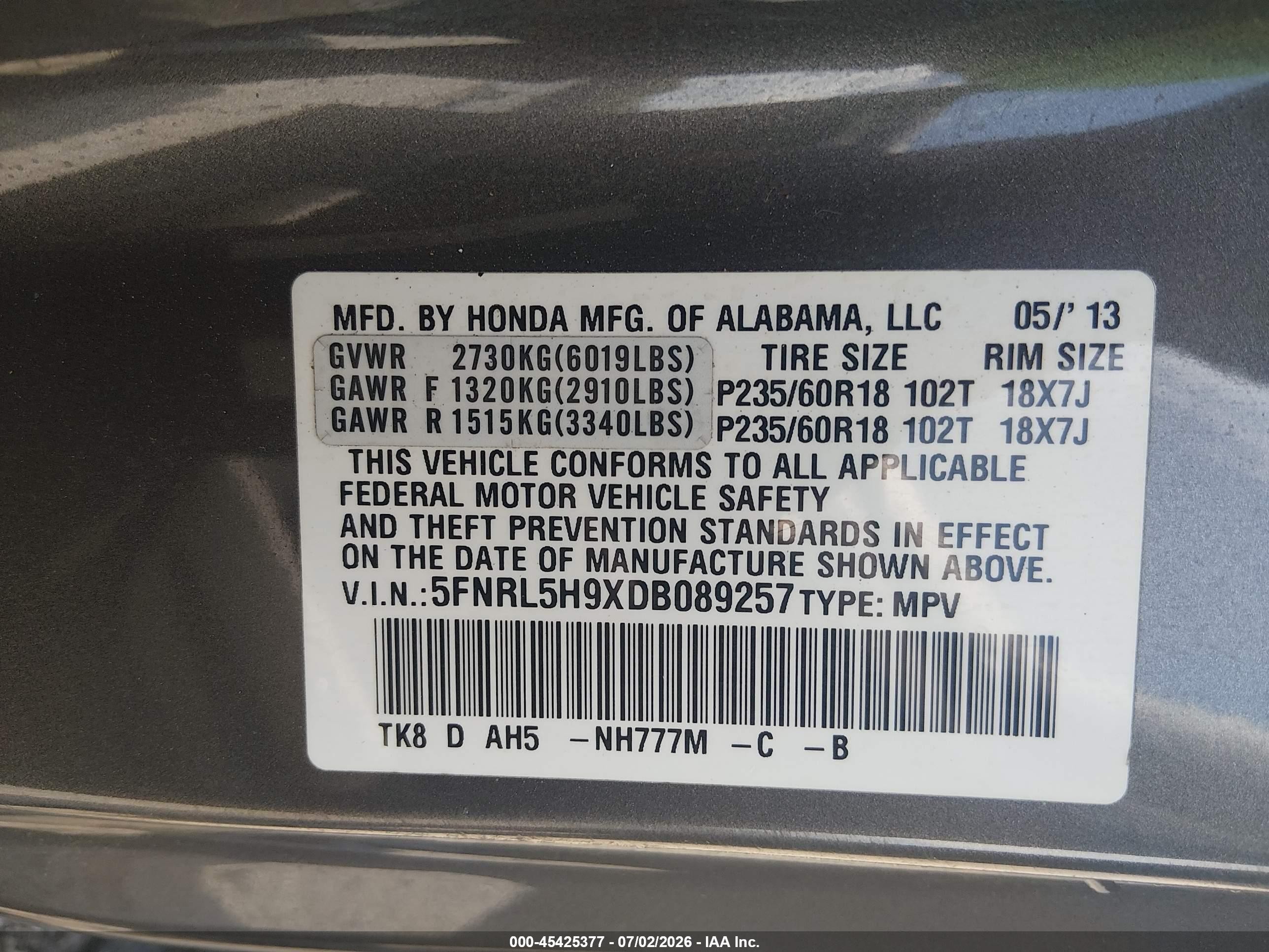2013 Honda Odyssey Touring/touring Elite Gray vin: 5FNRL5H9XDB089257