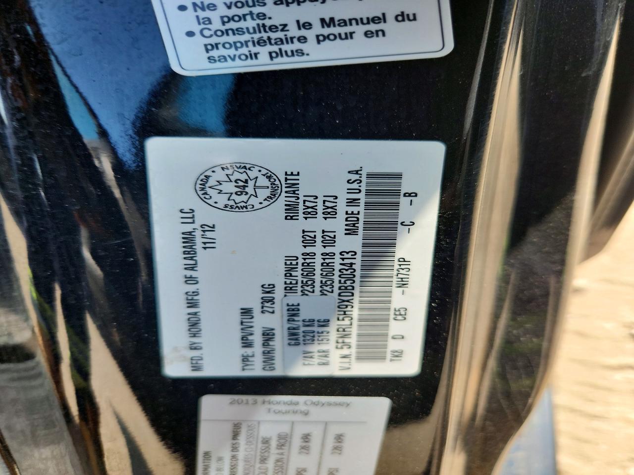 2013 Honda Odyssey Touring Black vin: 5FNRL5H9XDB503413