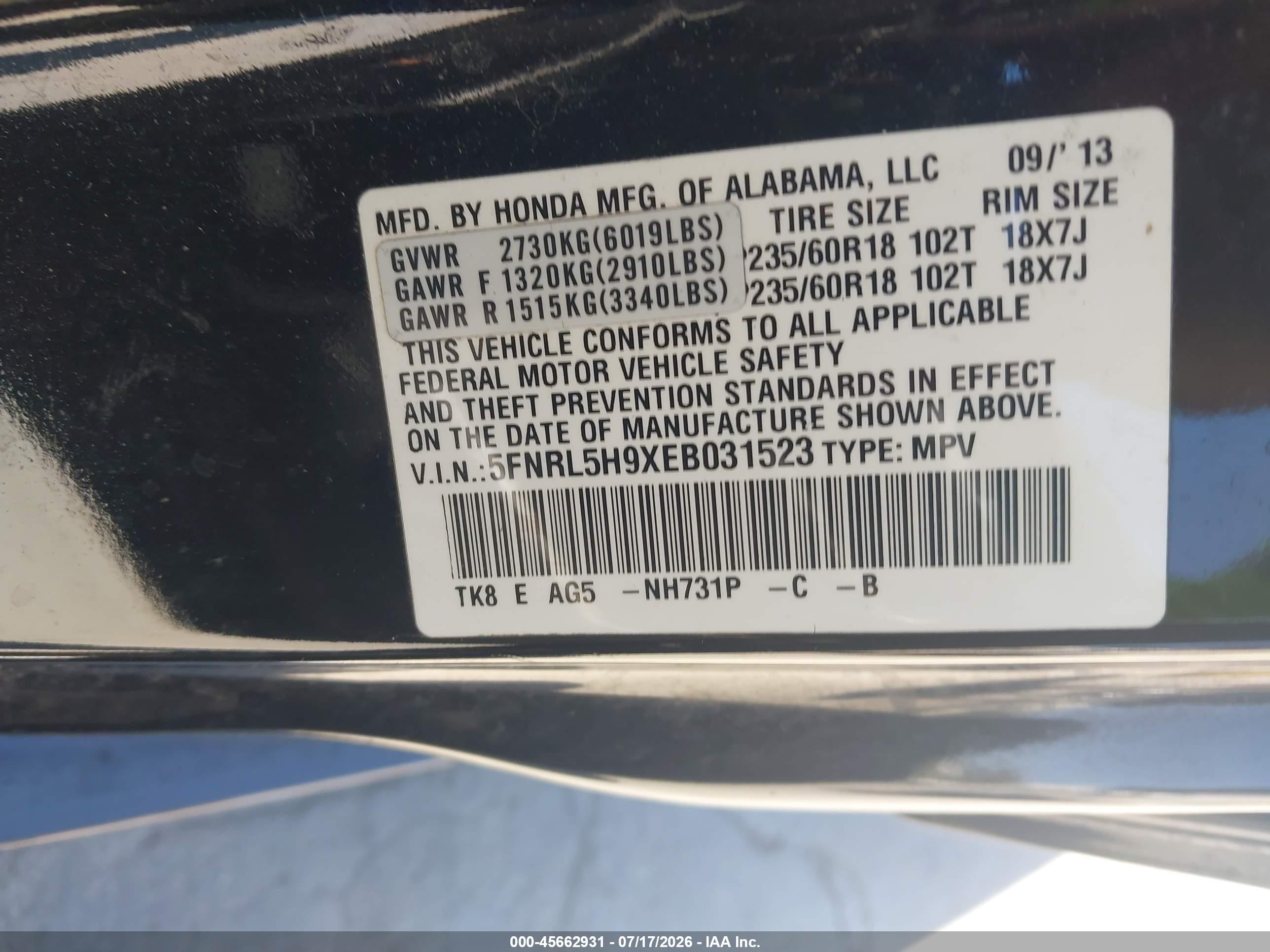 2014 Honda Odyssey Touring/touring Elite Black vin: 5FNRL5H9XEB031523