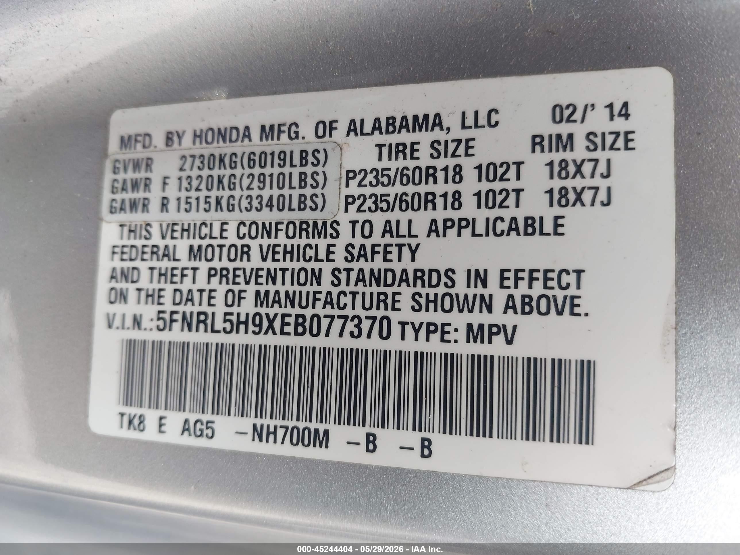 2014 Honda Odyssey Touring/touring Elite Silver vin: 5FNRL5H9XEB077370
