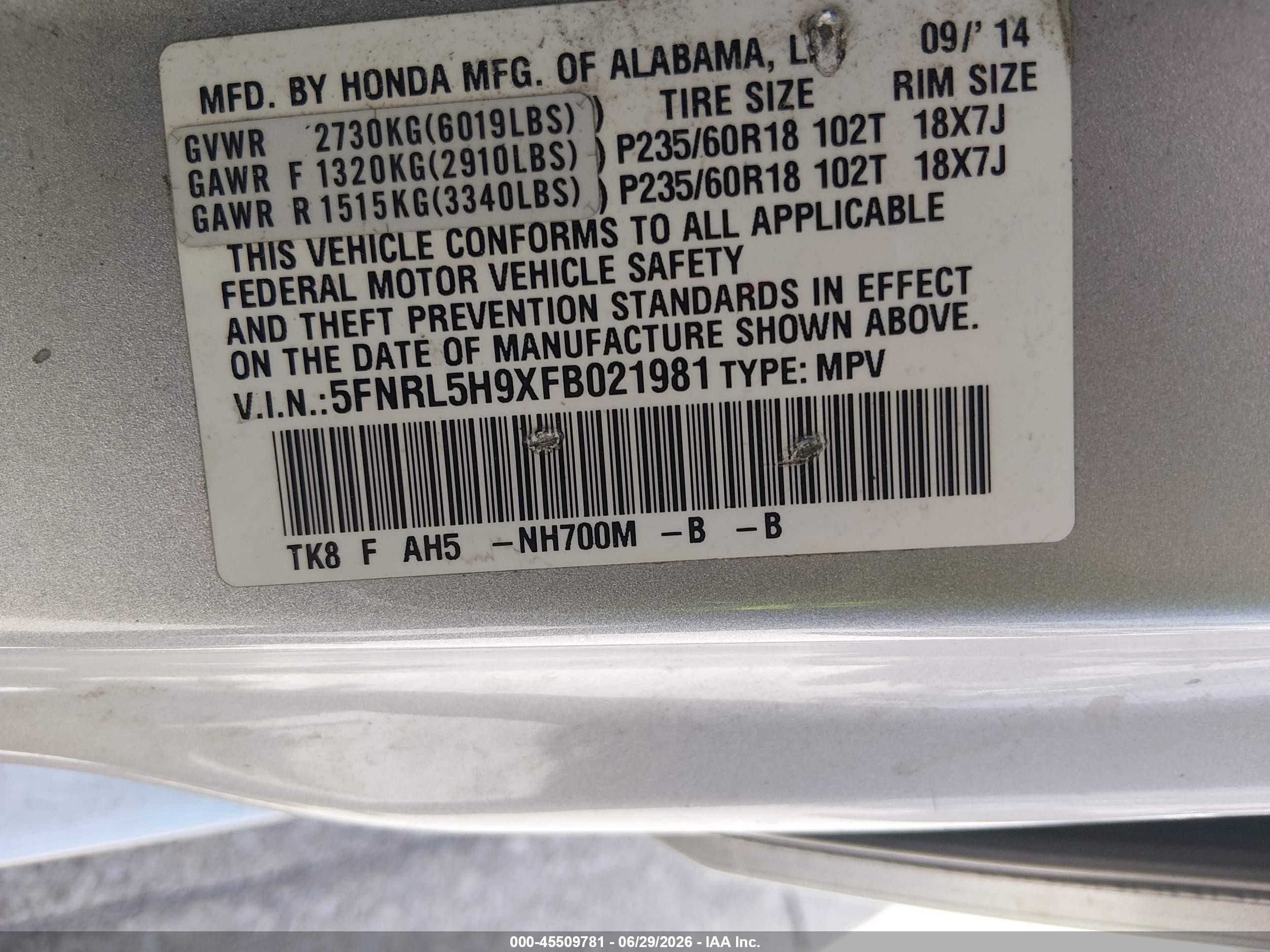 2015 Honda Odyssey Touring/touring Elite Silver vin: 5FNRL5H9XFB021981