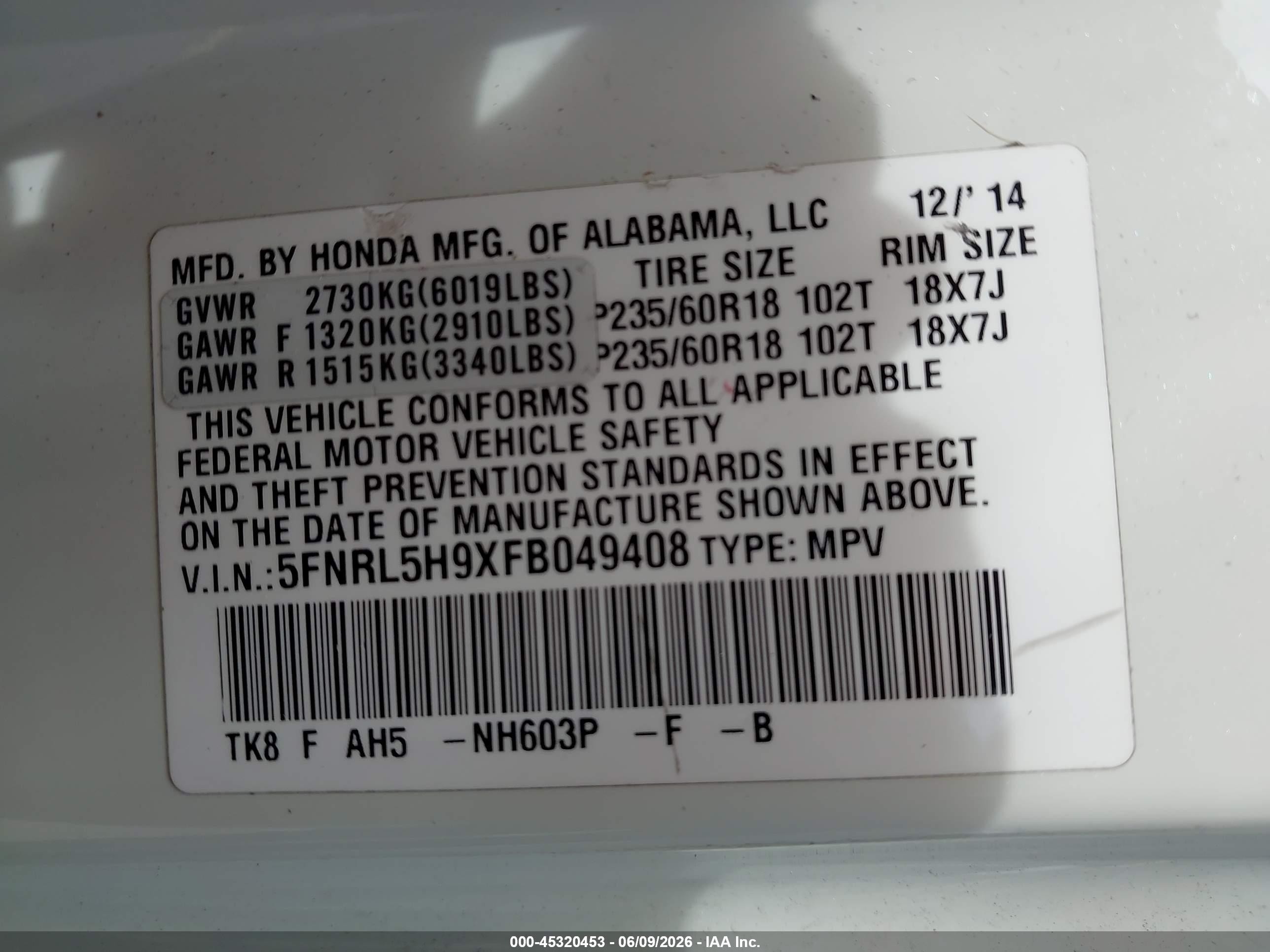 2015 Honda Odyssey Touring/touring Elite White vin: 5FNRL5H9XFB049408